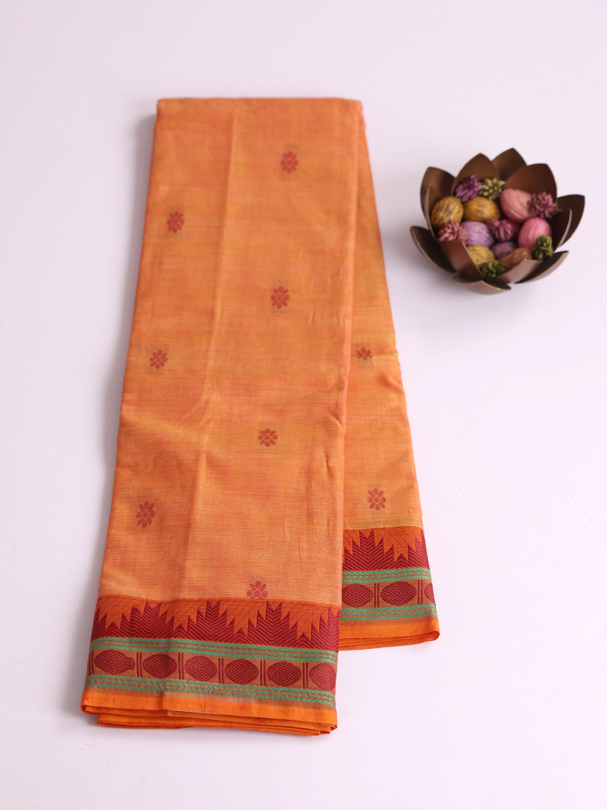 Light Orange Kanchi Cotton Saree With Threadwork Border