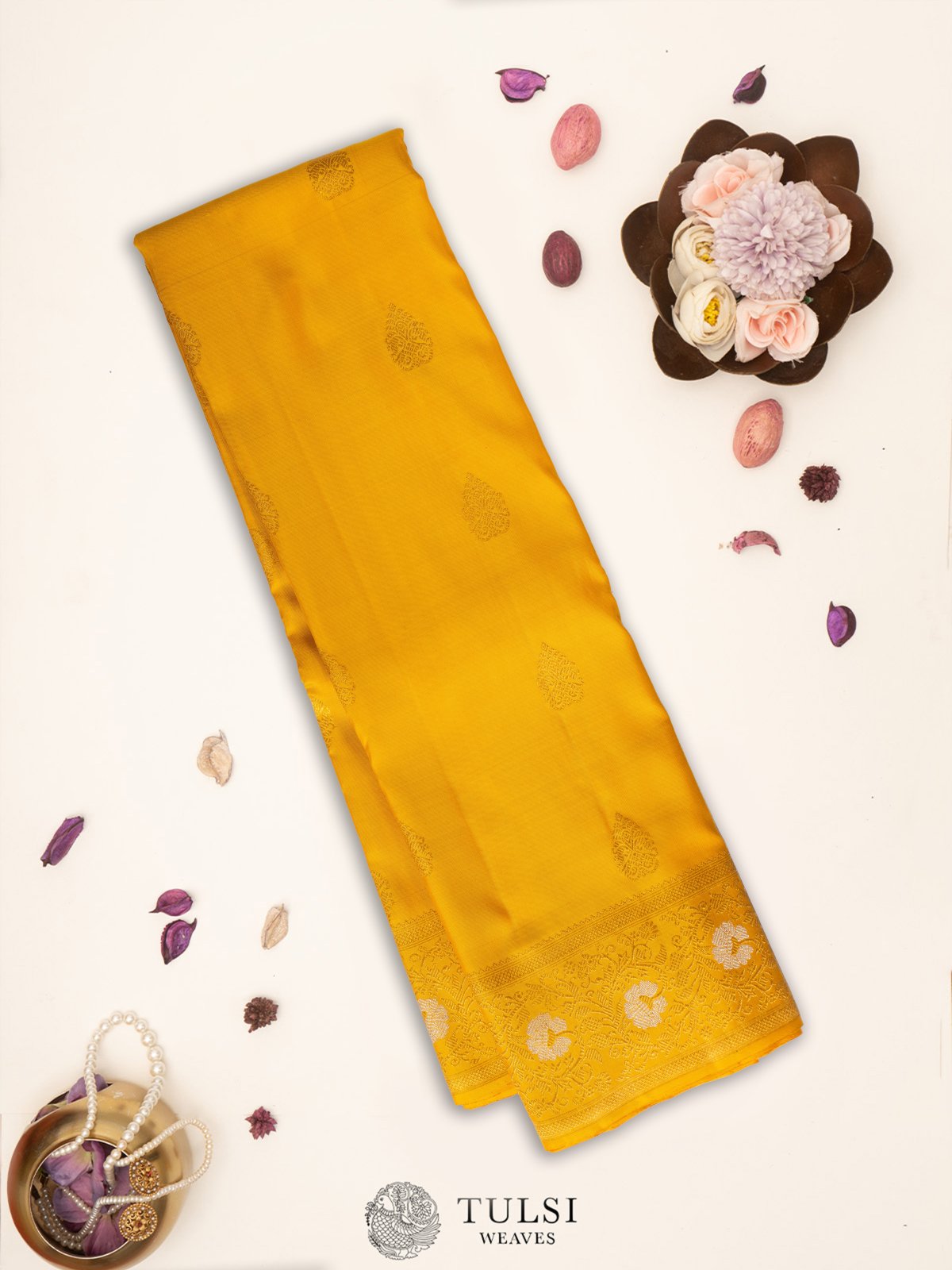 Mustard Yellow Kanjeevaram Silk Saree with self border