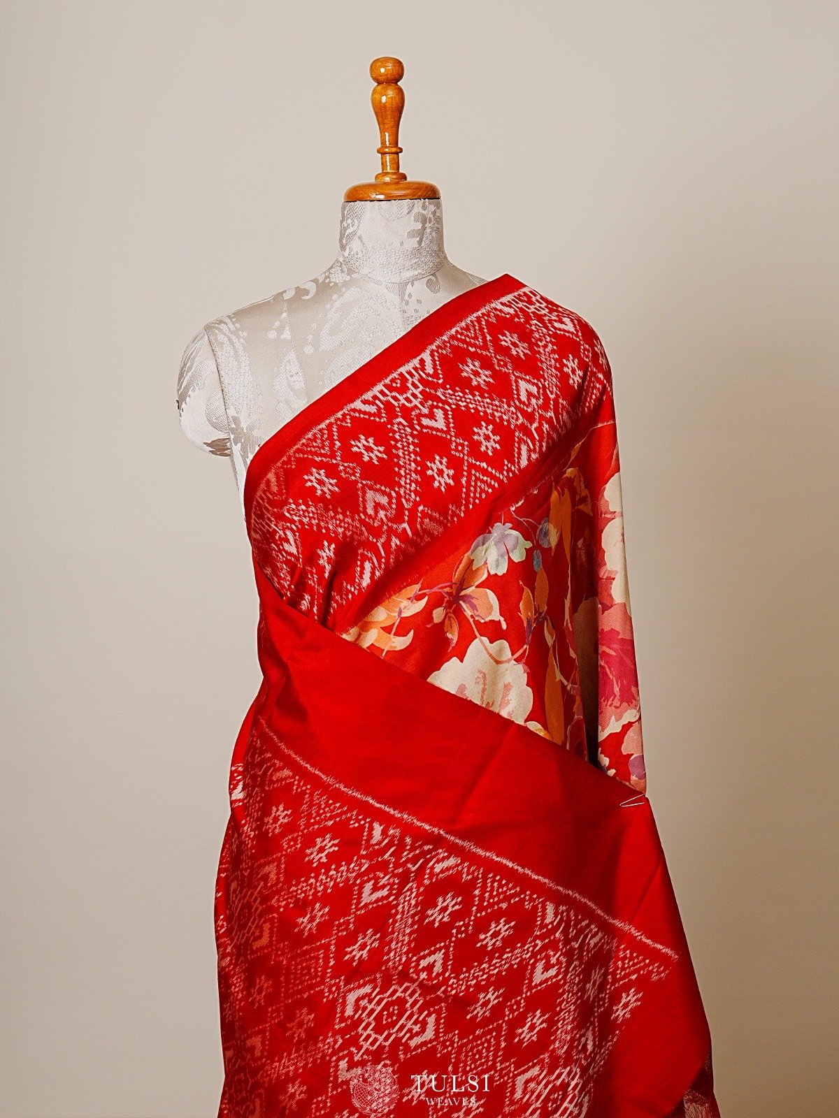 Red Printed Kanjeevaram Silk Saree with Ikat Border