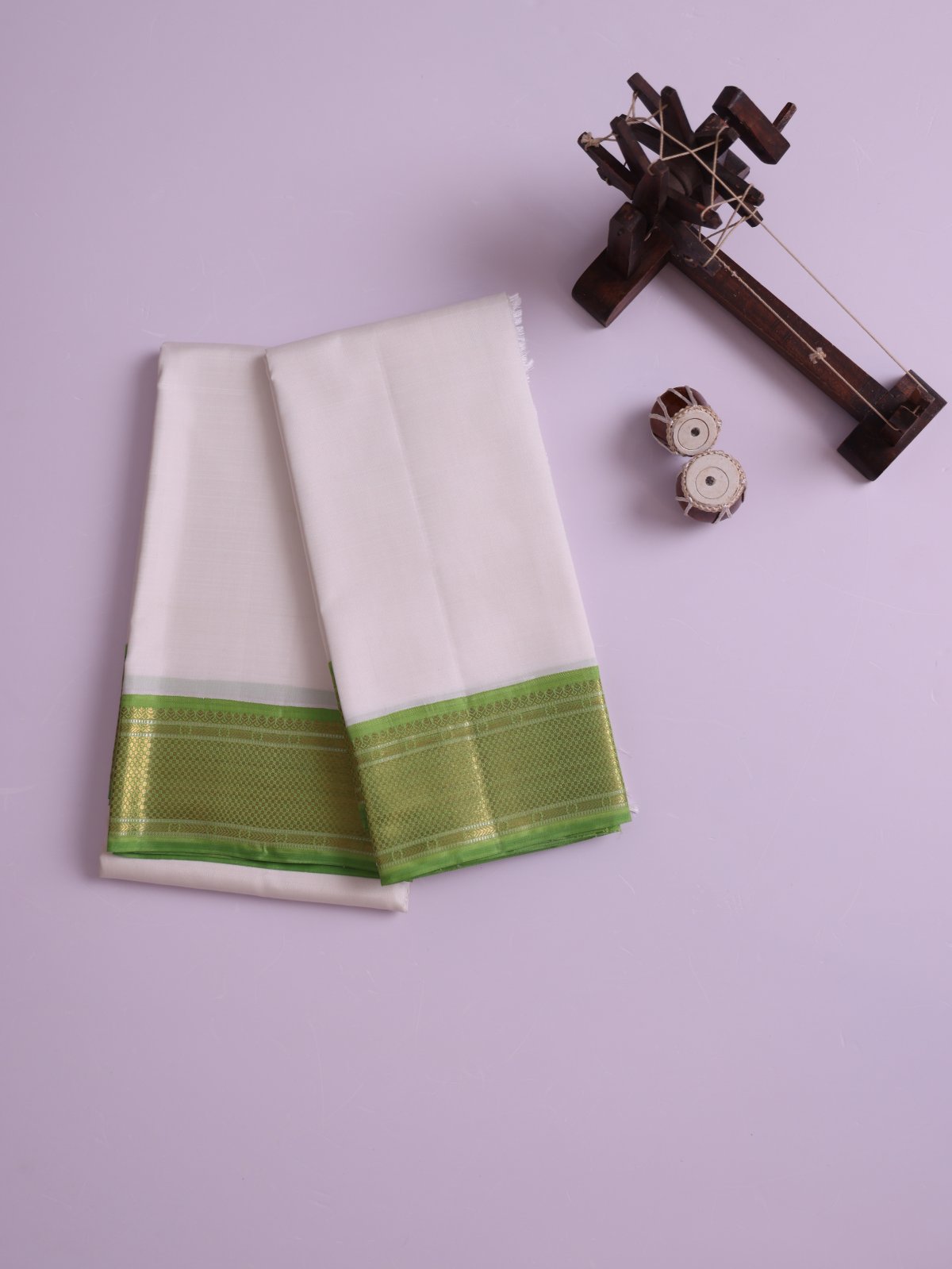 White Silk Dhoti And  Vasthram With Green Border