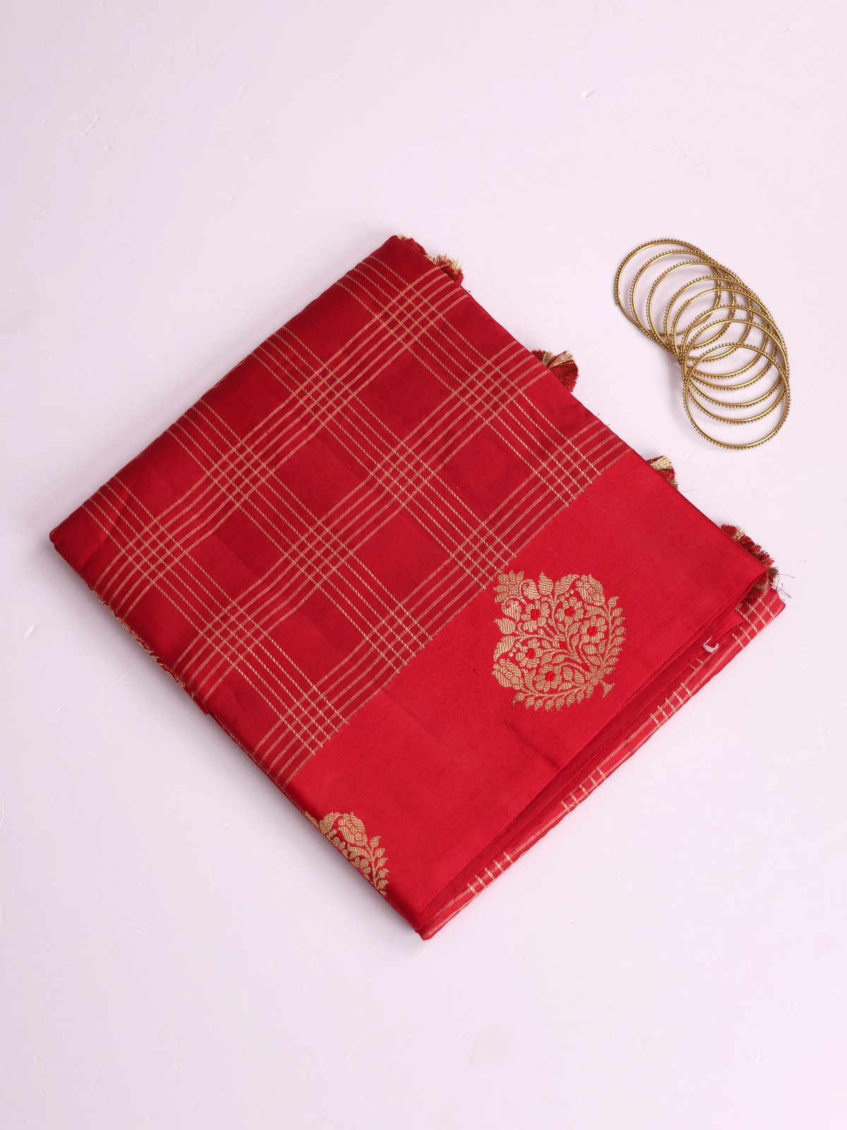 Red Zari Checked Mashru Silk Saree With Satin Border