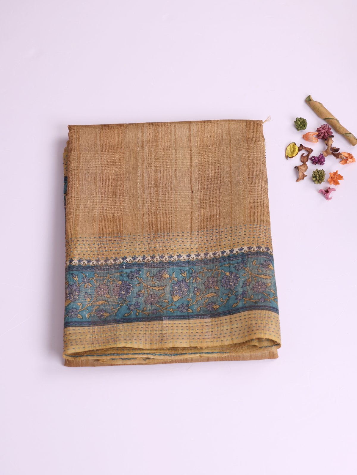 Beige Zari Checked Tussar Silk With Printed Border