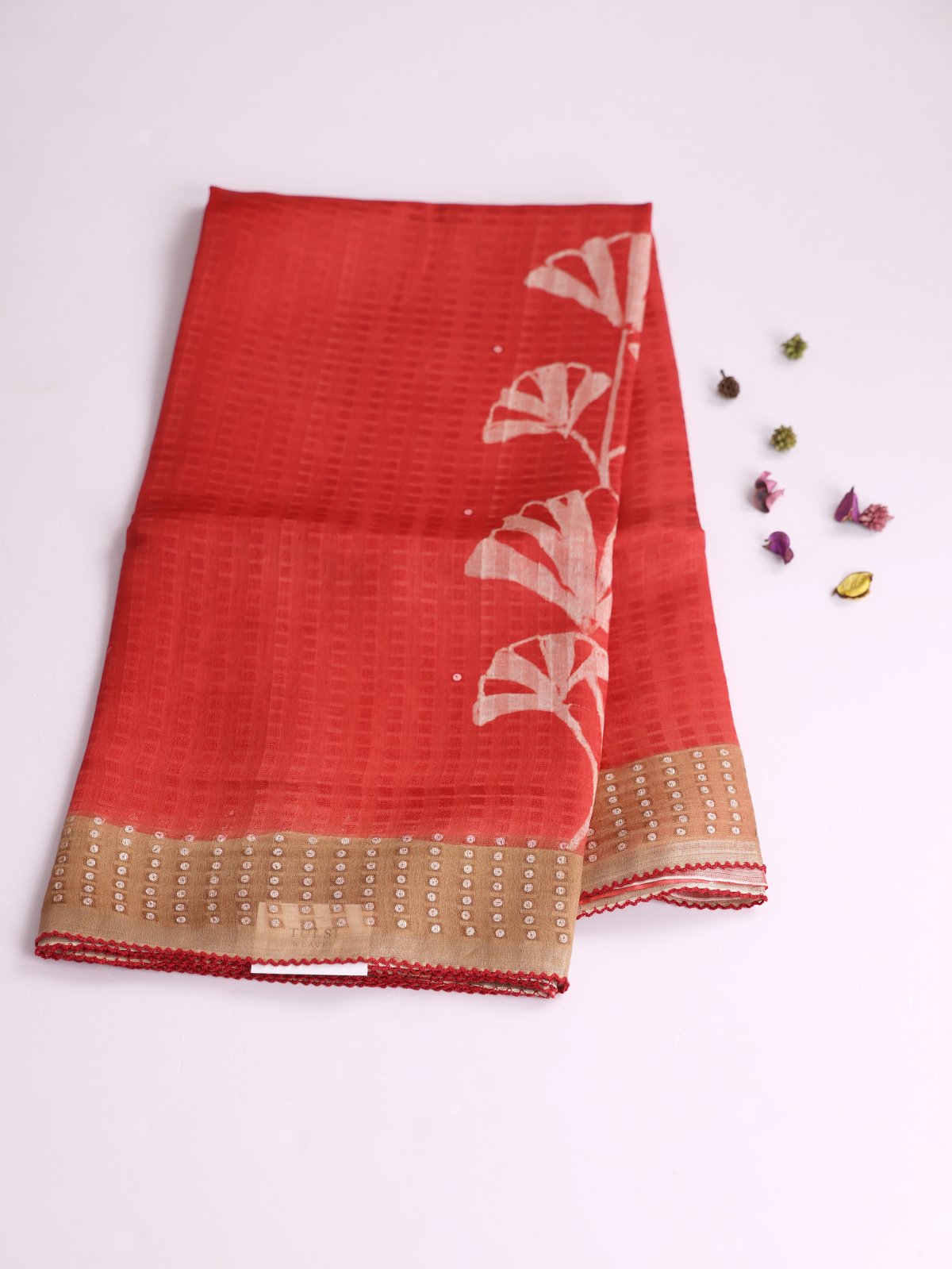 Red Printed Organza Silk Saree With Sequins Border