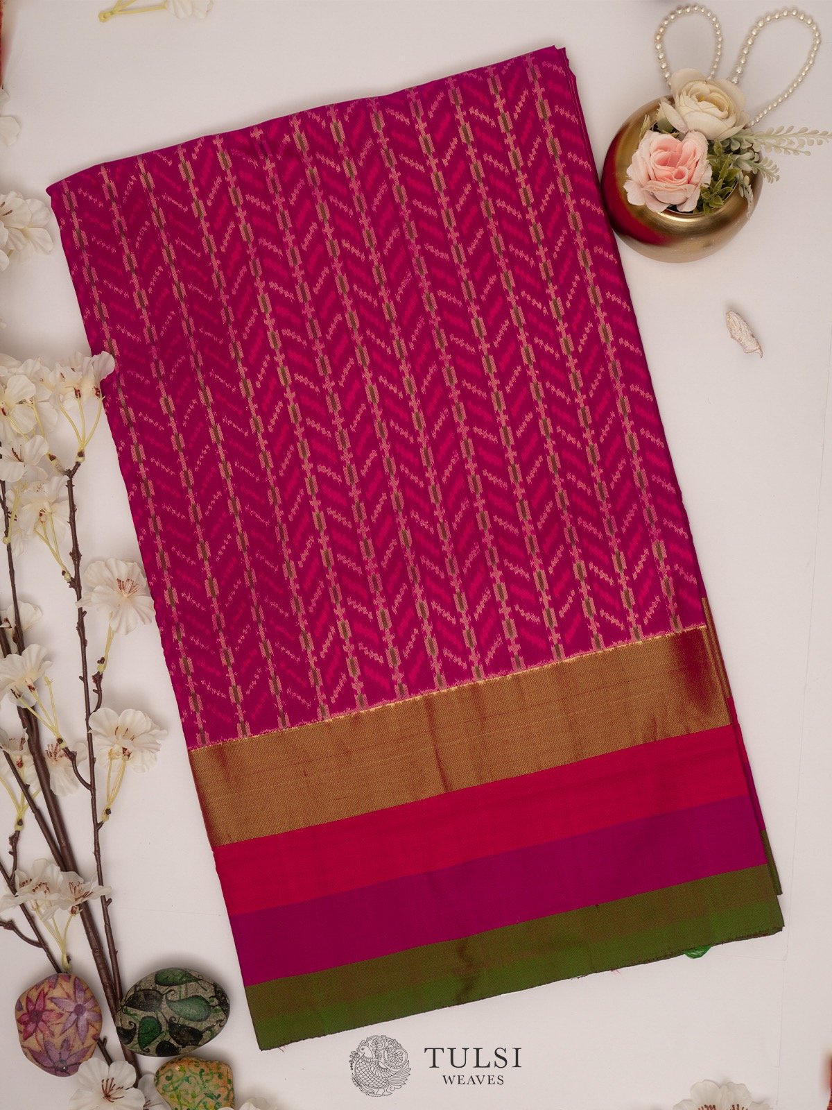 Magenta Ikat Silk Saree with multicoloured border