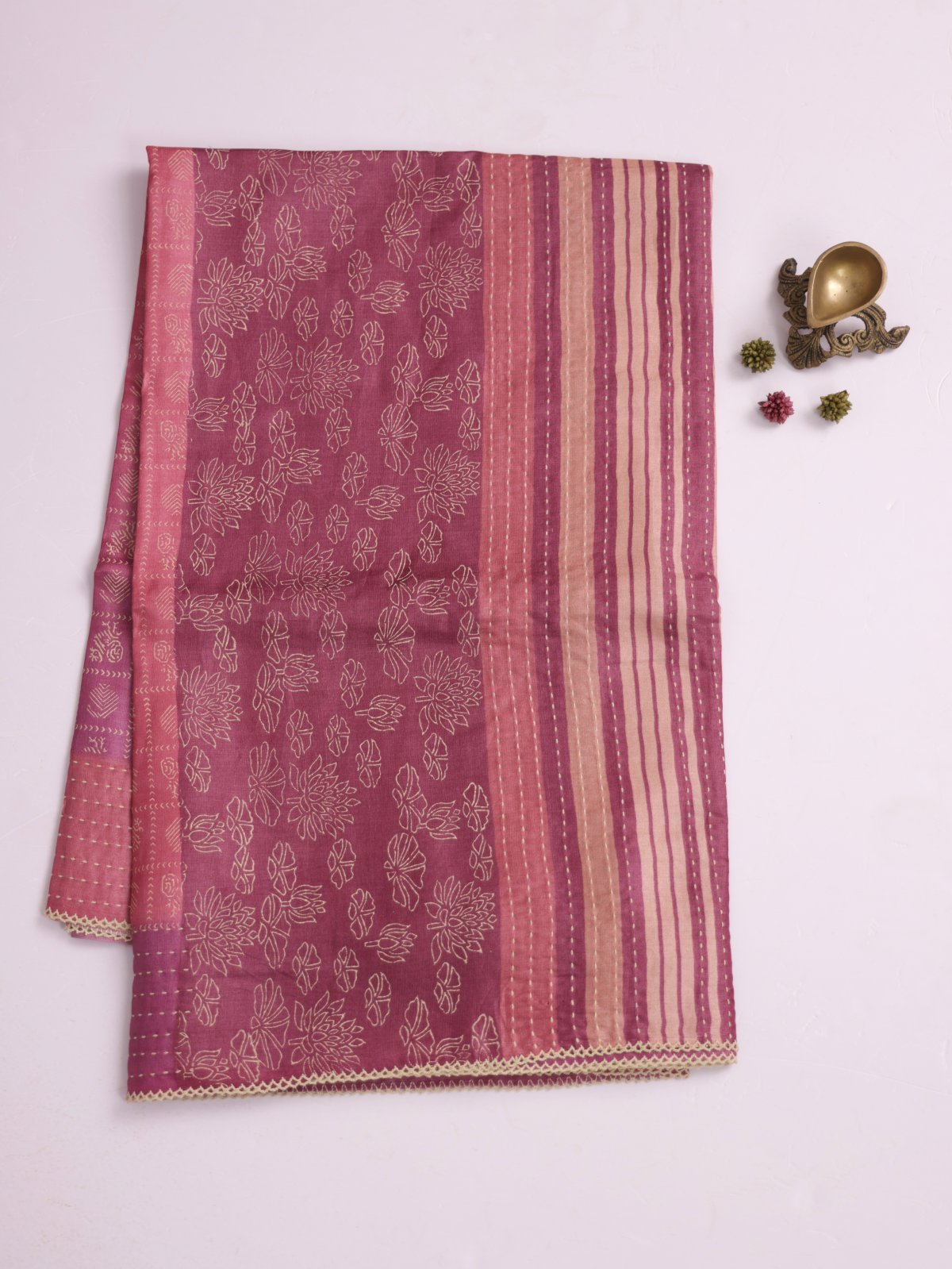 Pink Printed Tussar Silk Saree With Kantha Embroidery