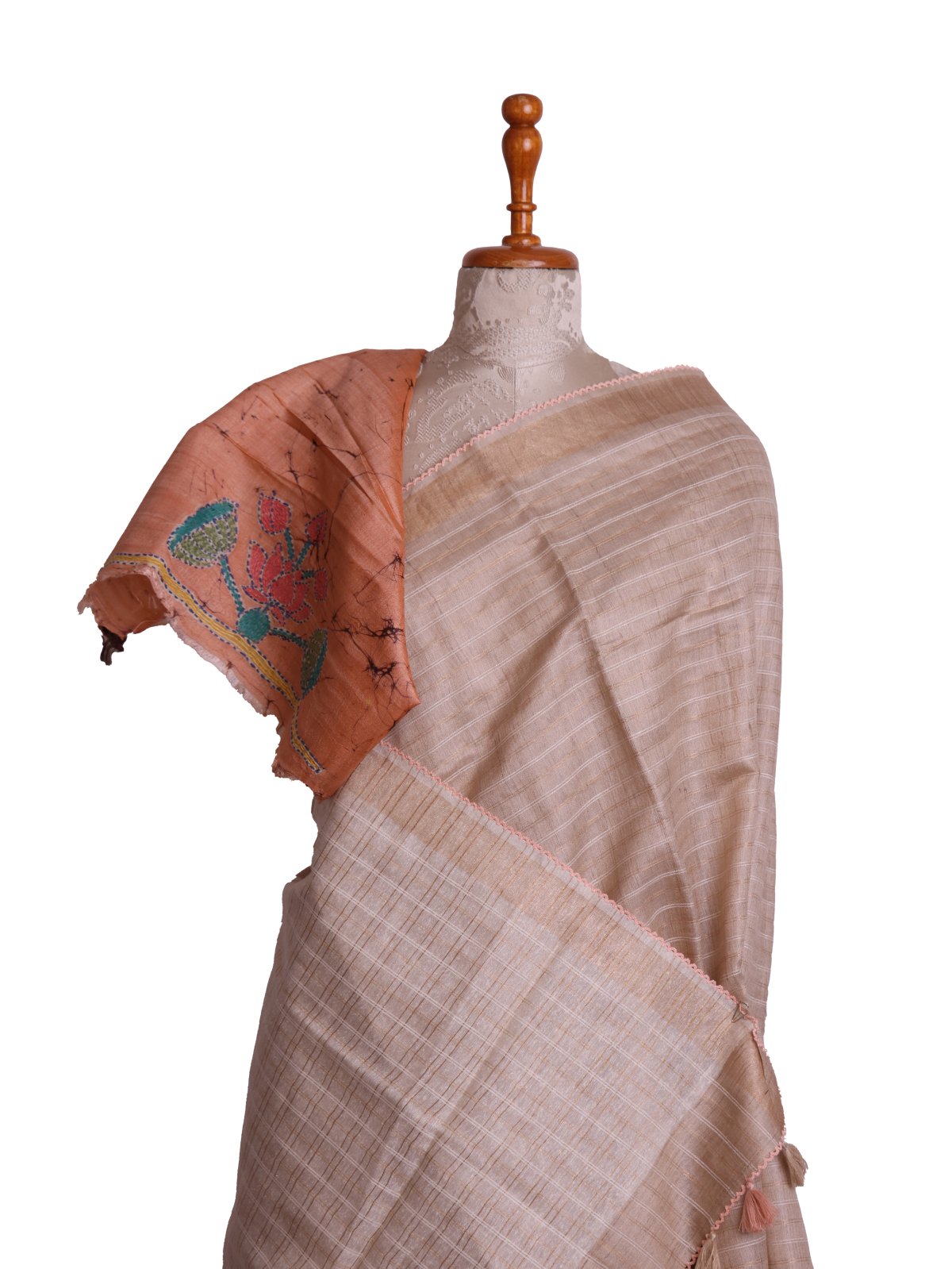 Beige Tussar Silk Saree With Burnt Orange Embroidered Blouse