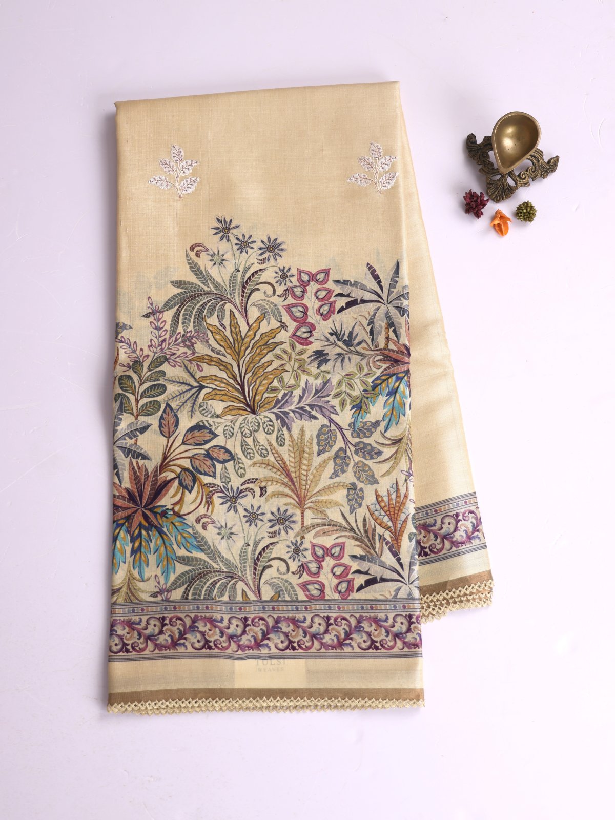 Cream Printed Tussar Silk Saree