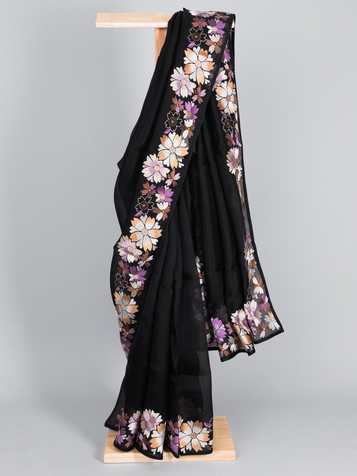 Black Organza Saree With Floral Embroidered Border