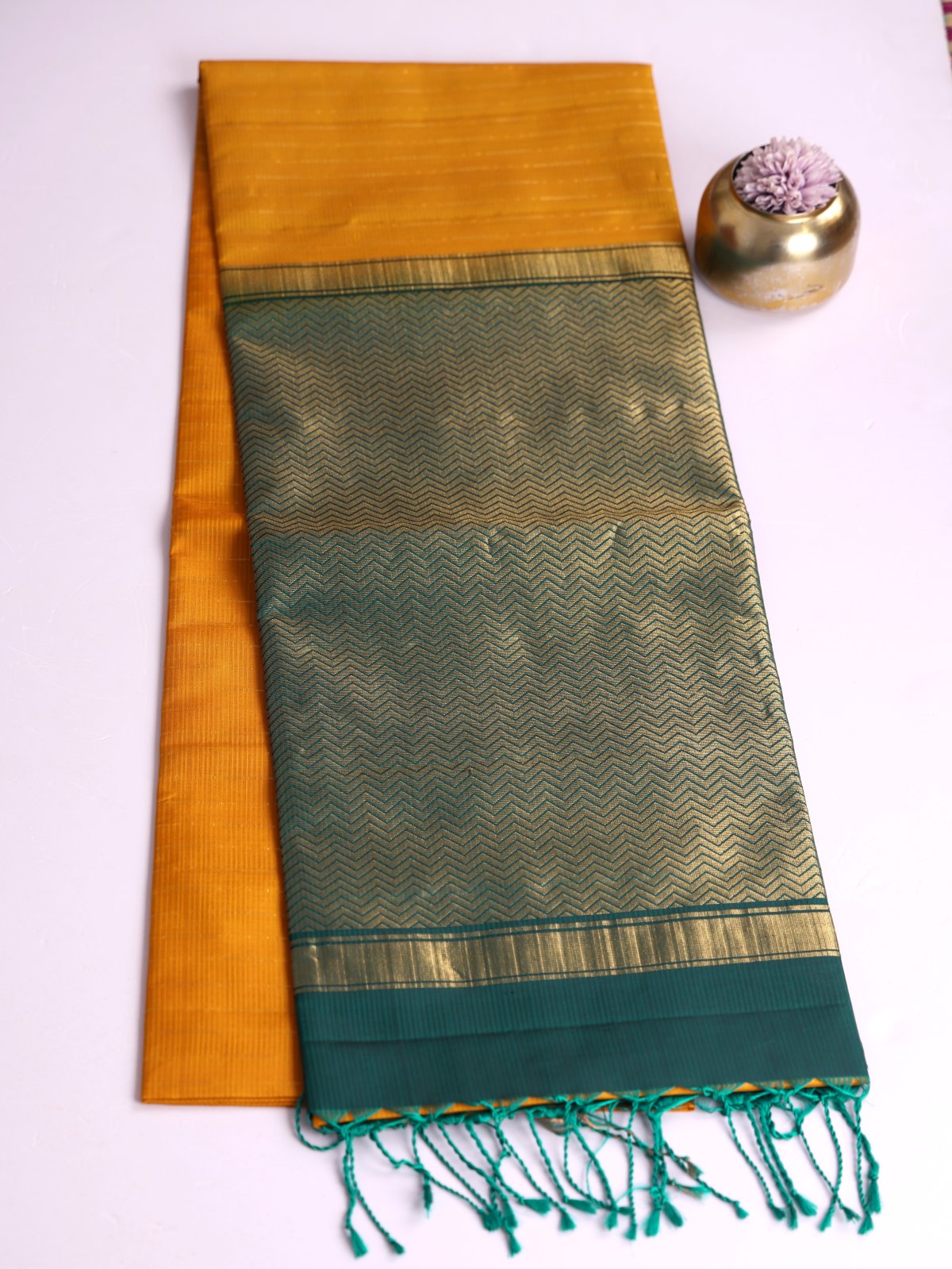 Mustard Yellow Soft Silk Saree With Peacock Green Border