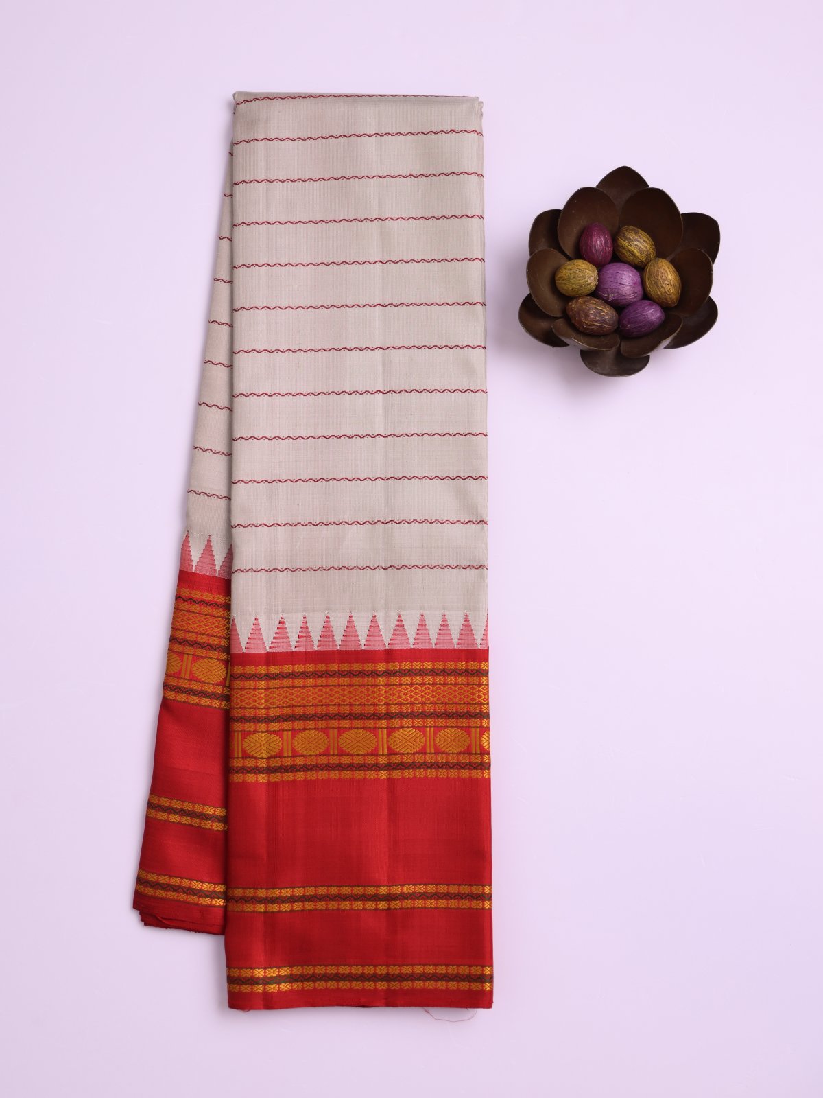 Light Grey Striped Kanjeevaram Pattu Pettu Silk Saree with Red Border