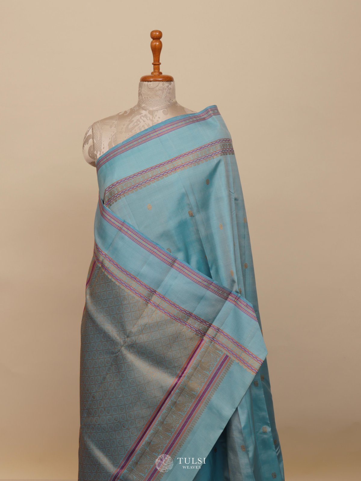 Light Blue Kanjeevaram Pattu Pett Silk Saree