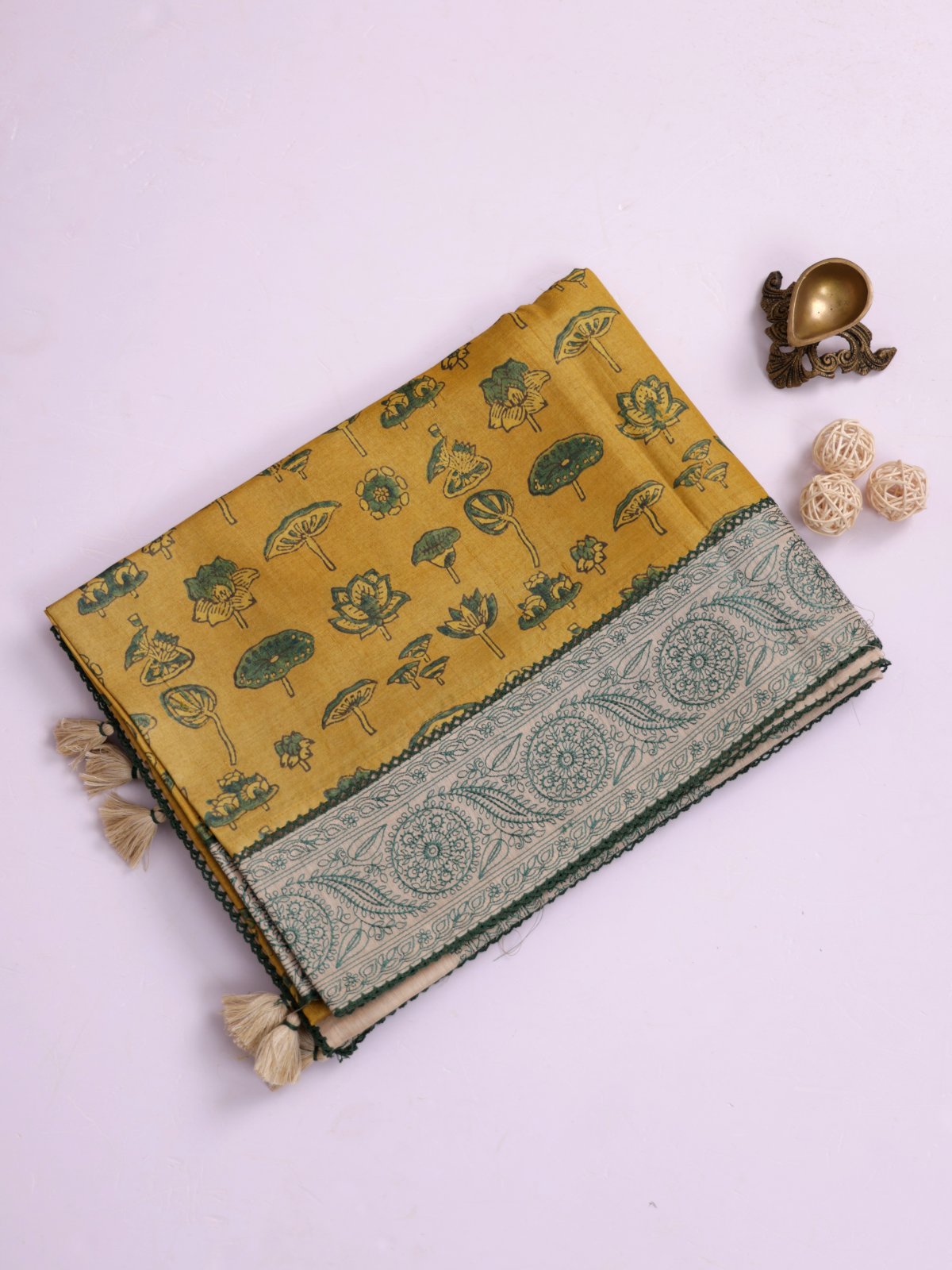 Yellow Ajrakh Printed Munga Tussar Silk Saree With Embroidery