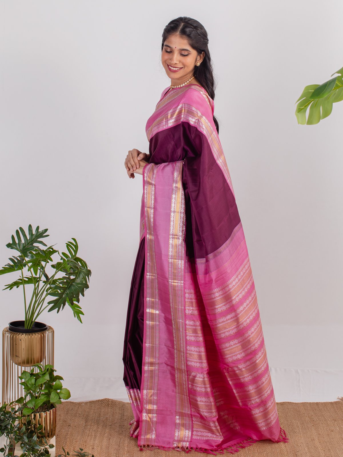 Purple Kanjeevaram Silk Saree With Light Pink Border and Brocade Blouse