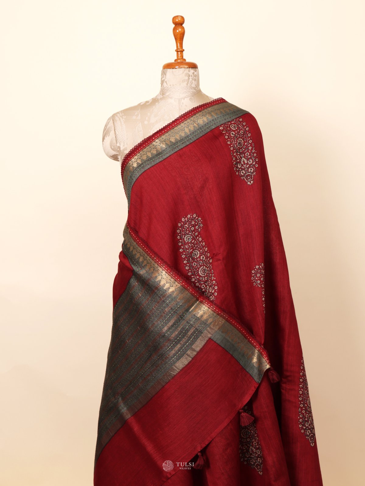 Dark Red Munga Tussar Silk Saree