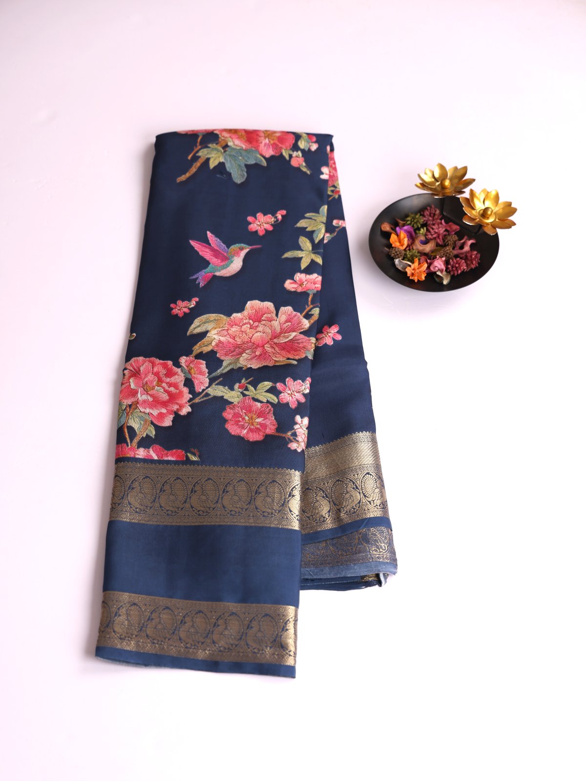 Dark Navy Blue Printed Kanjeevaram Silk Saree