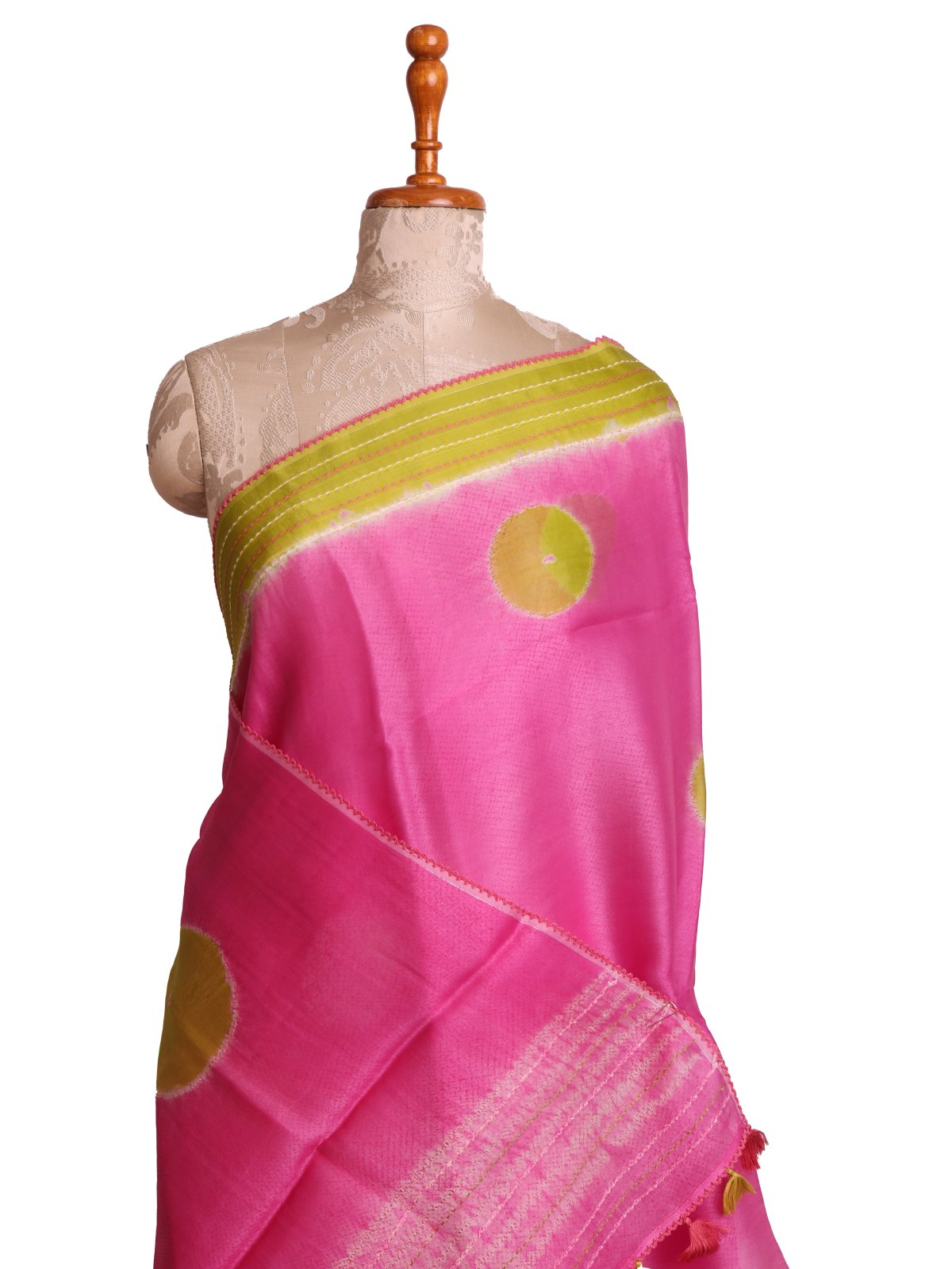Pink Shibori Organza Saree With Parrot Green Kantha Embroidered Border