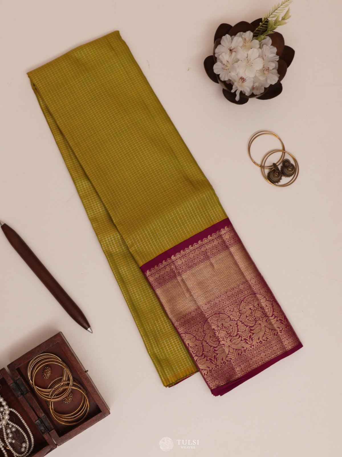 Olive Green Kanjeevaram Silk Pavadai With Purple Border