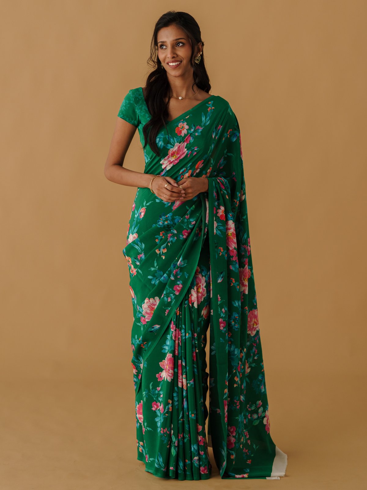 Green Floral Printed Crepe Silk Saree
