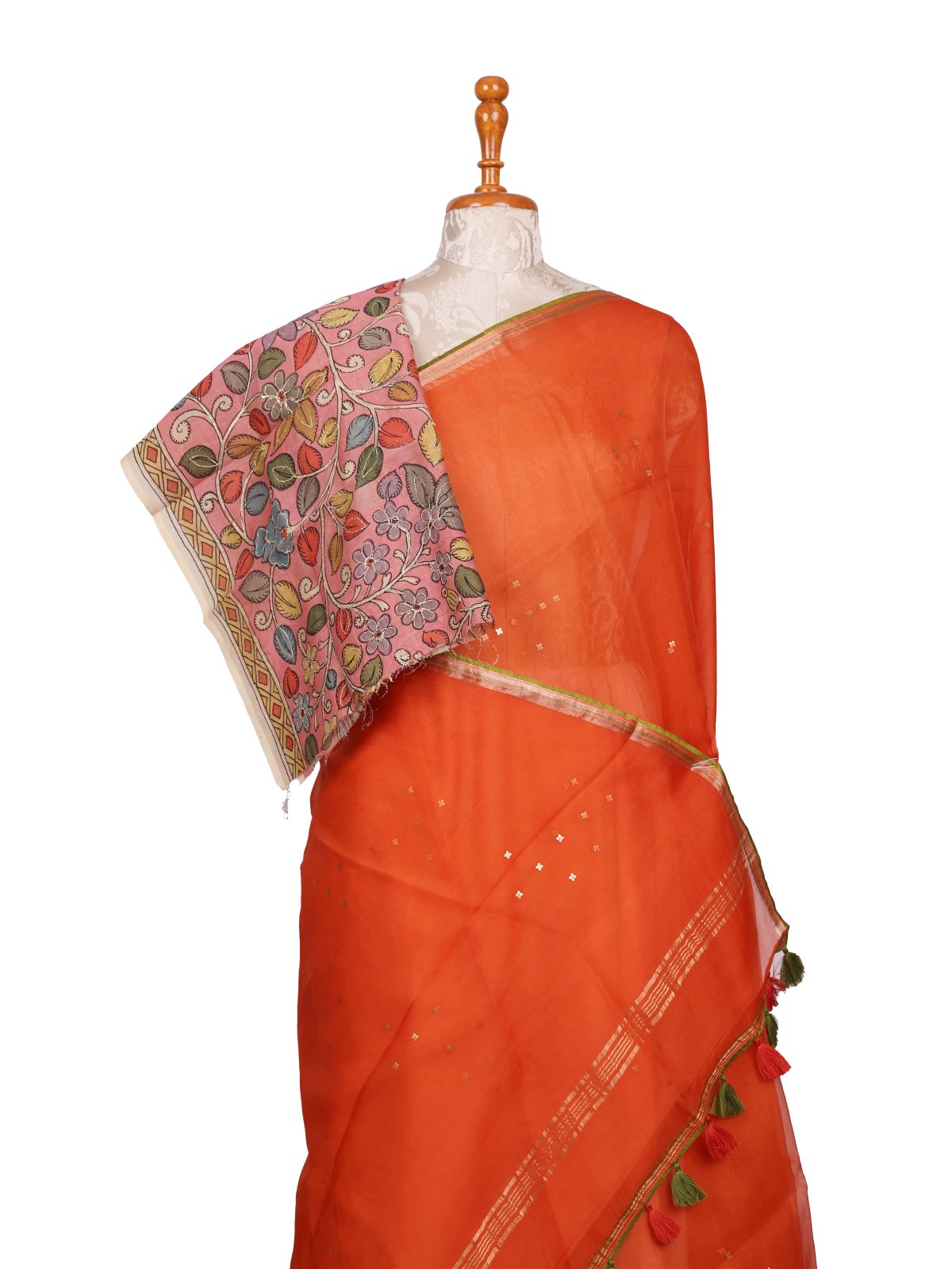 Orange Organza Silk Saree With Kalamkari Blouse