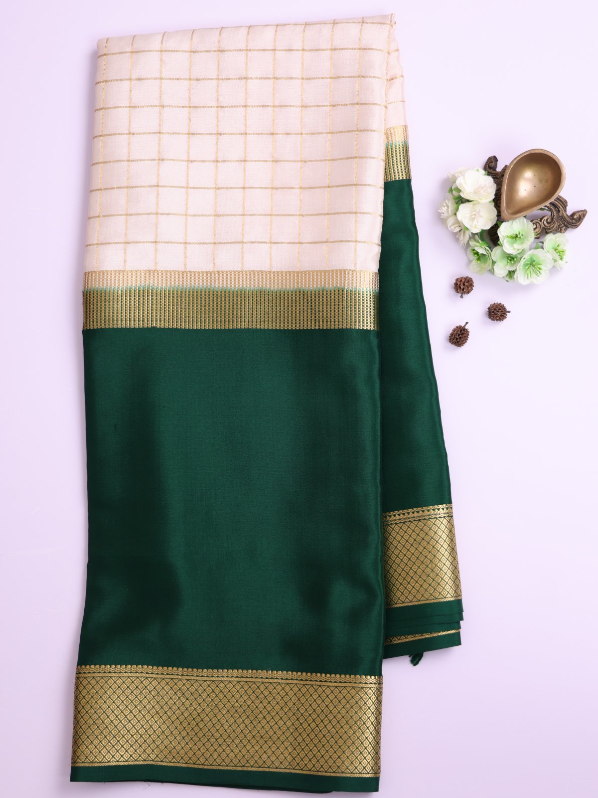 Offwhite Zari Checked Mysore Silk Saree With Green Border