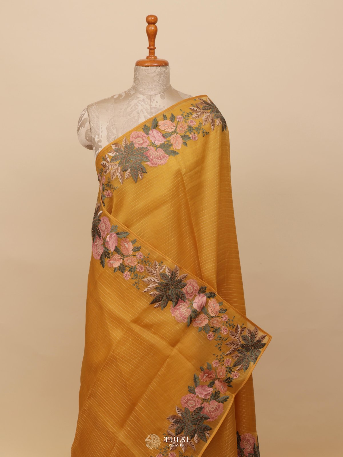 Mustard Yellow Organza Embroidery Saree
