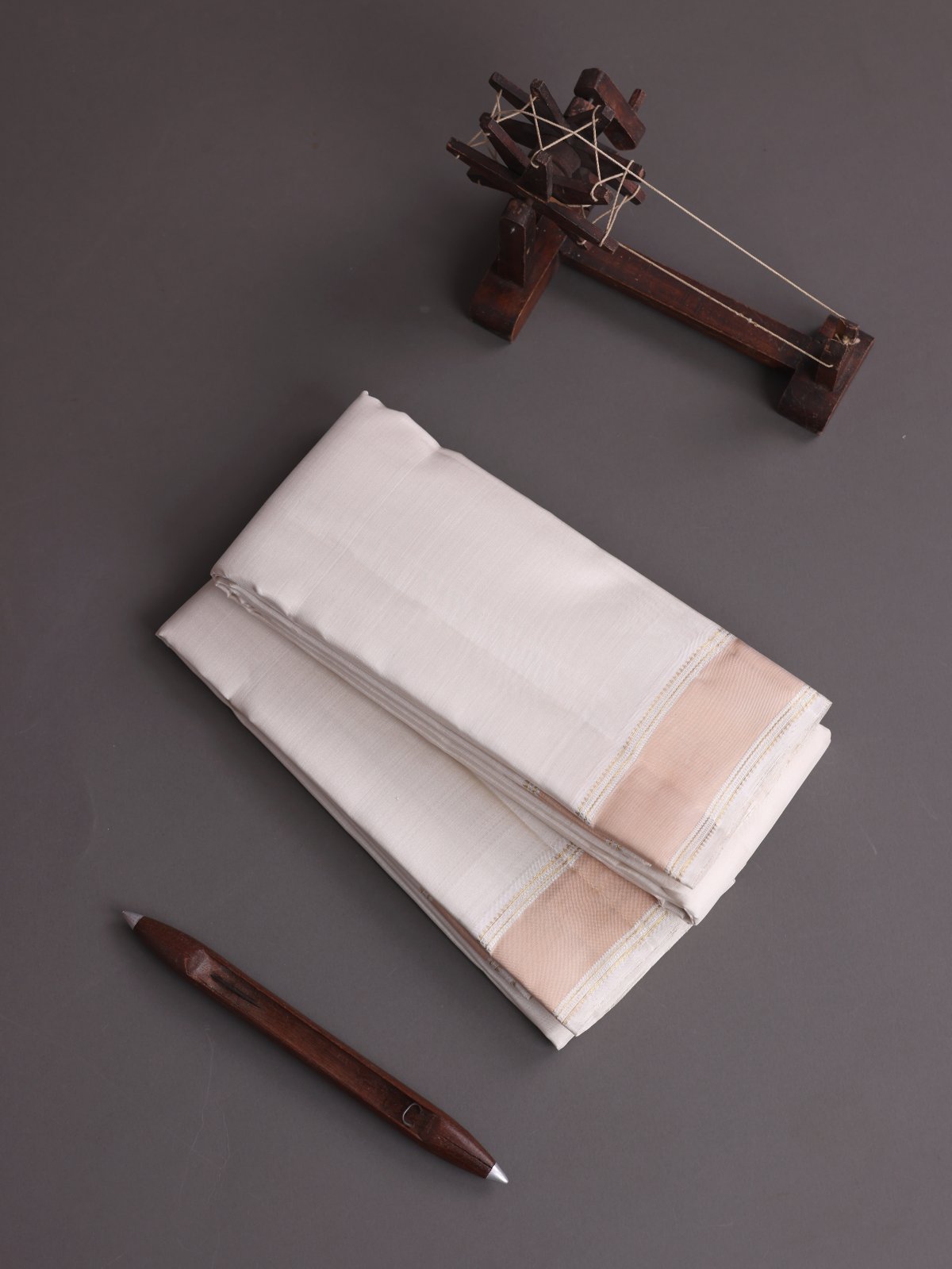 Off White Silk Dhoti And Vasthram With Light Peach Border