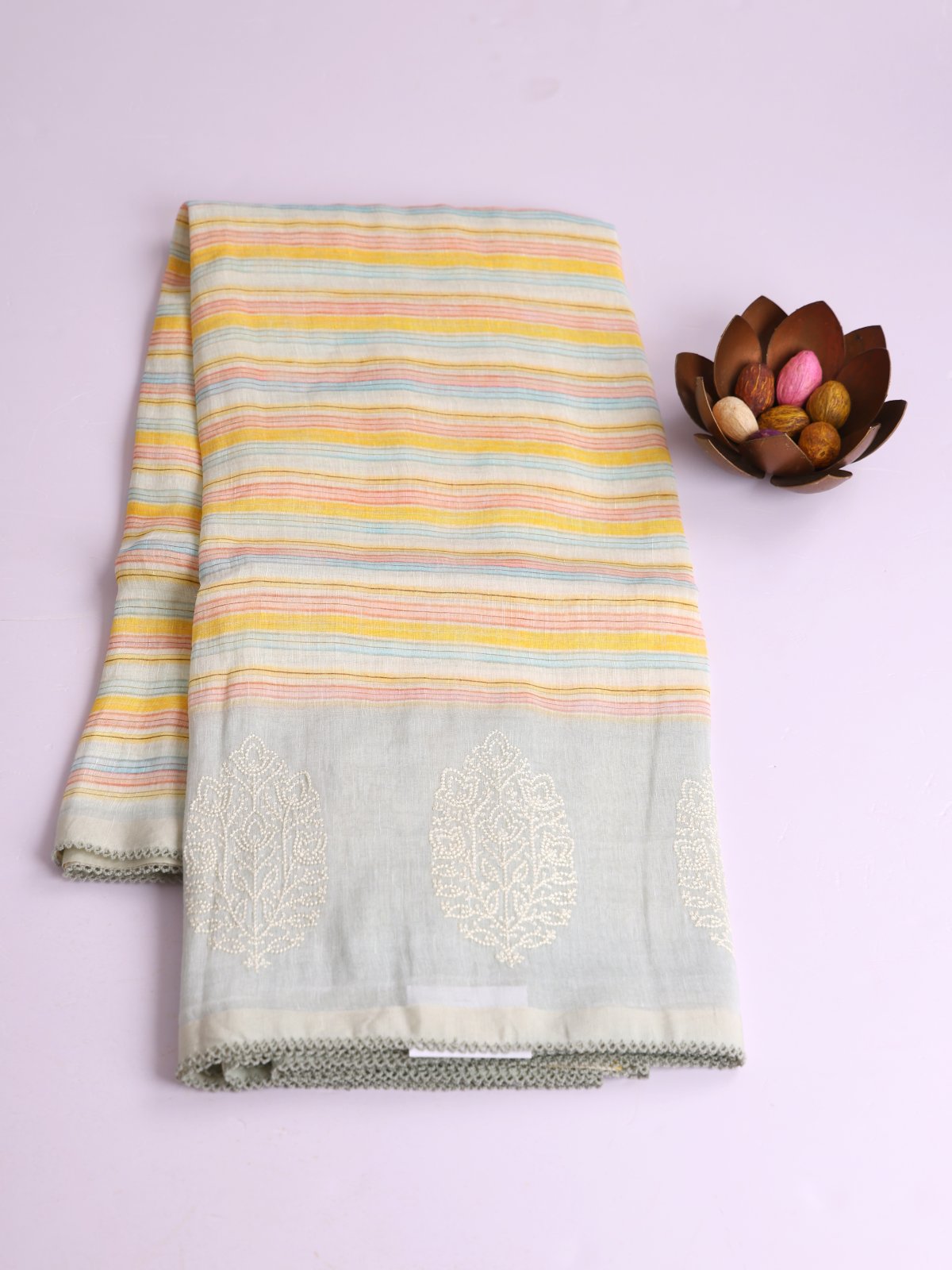 Multicolor Striped Linen Saree With Light Bluish Grey Embroidered Border
