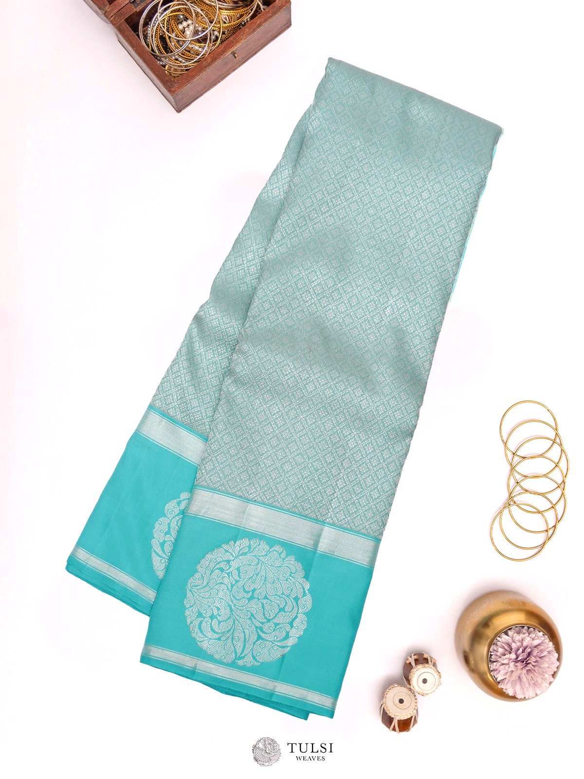 Aqua Blue Kanjeevaram Silk Saree with Contrast Border