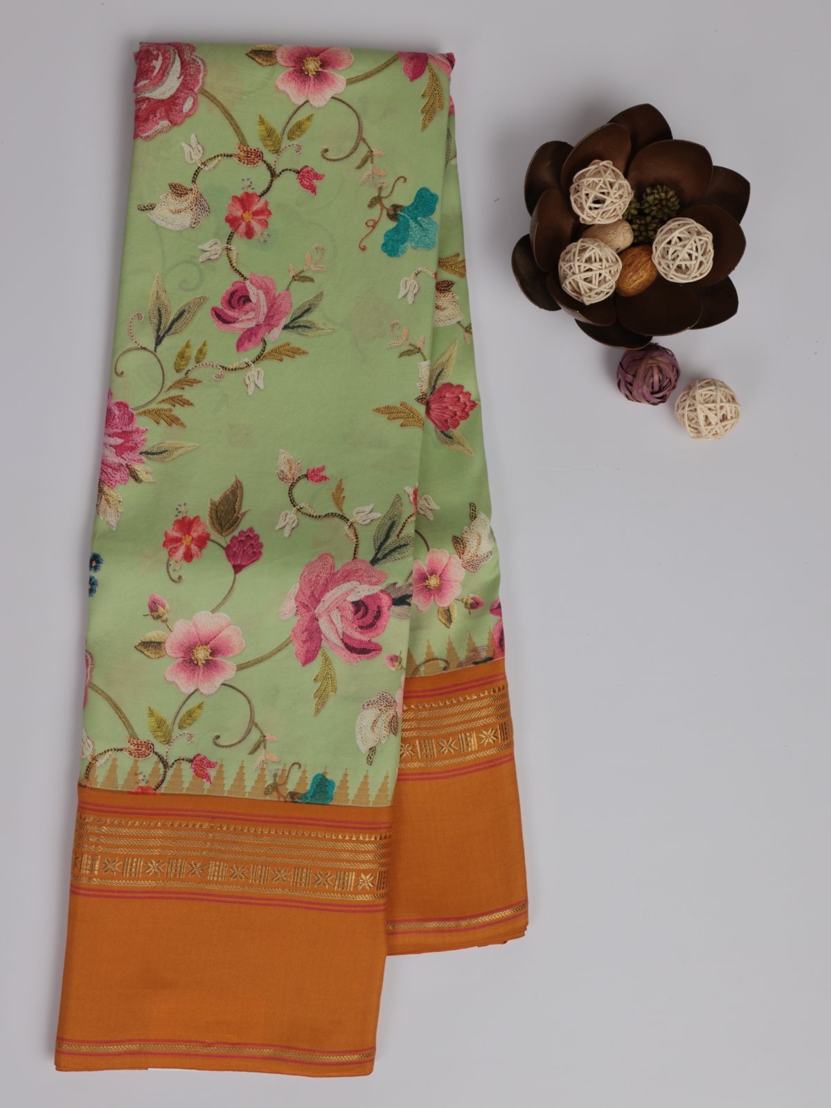 Light parrot green Printed Kanjeevaram Silk Saree