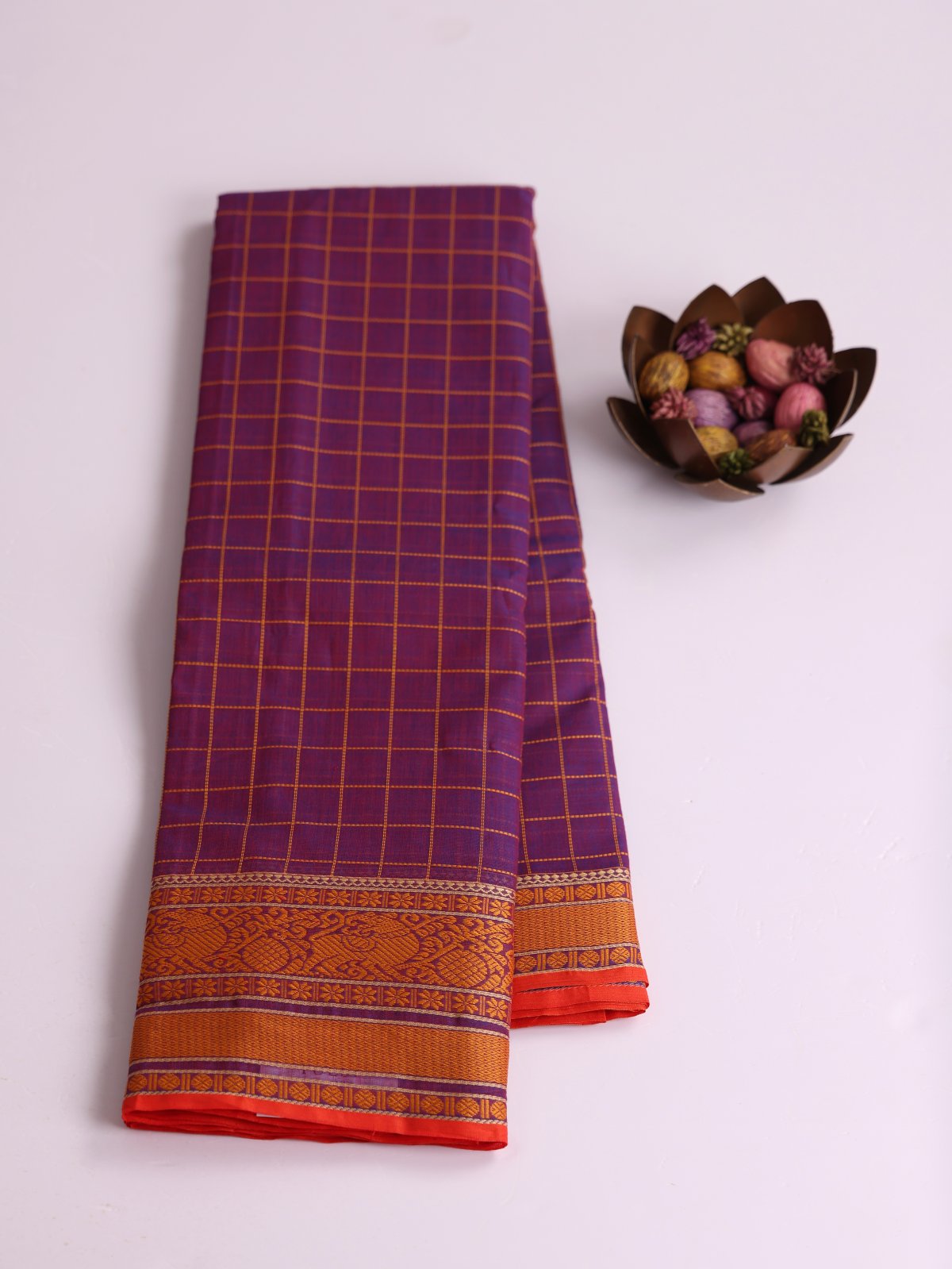 Orangish Purple Checked Kanchi Cotton Saree With Threadwork Border