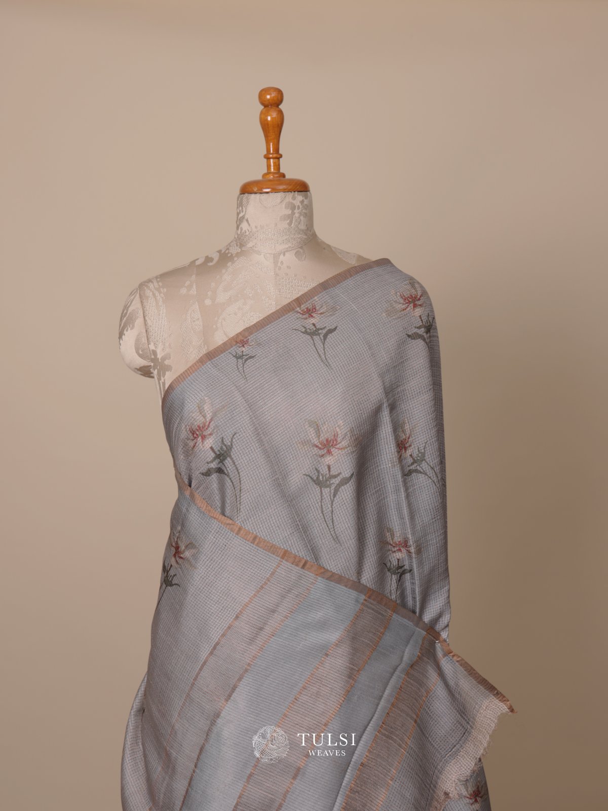 Grey Printed Tussar Silk Saree