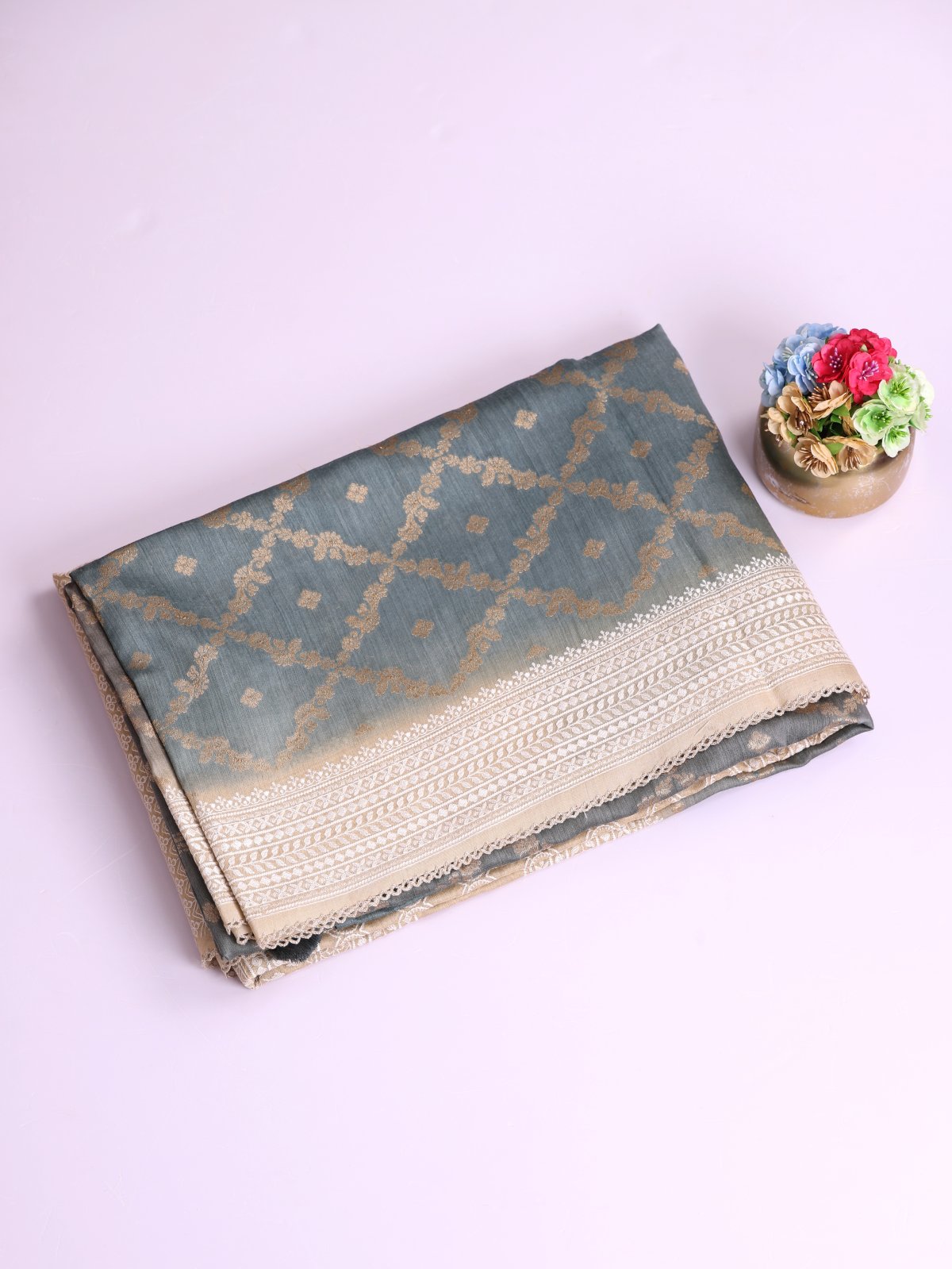 Light Bluish Gray Munga Tussar Silk Saree With Beige Embroidery Border