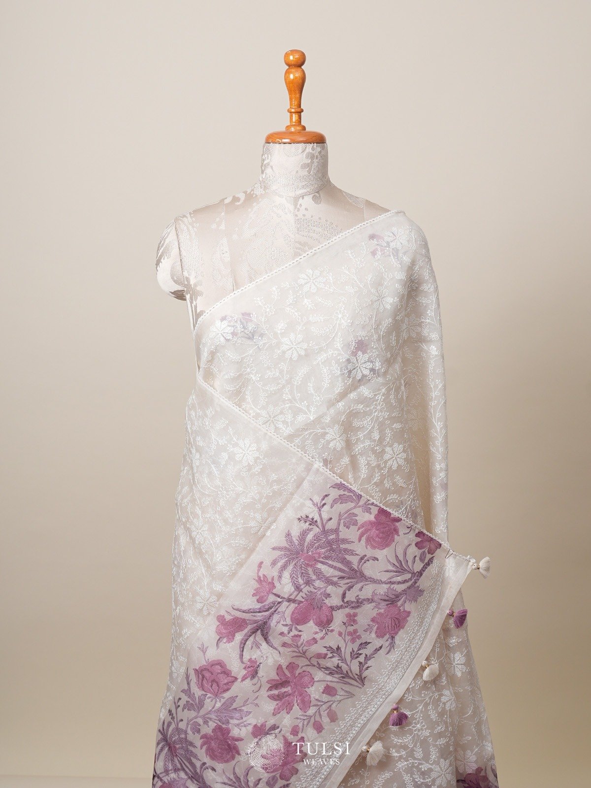 Off-White Floral Printed Organza Saree With Embroidered Border 