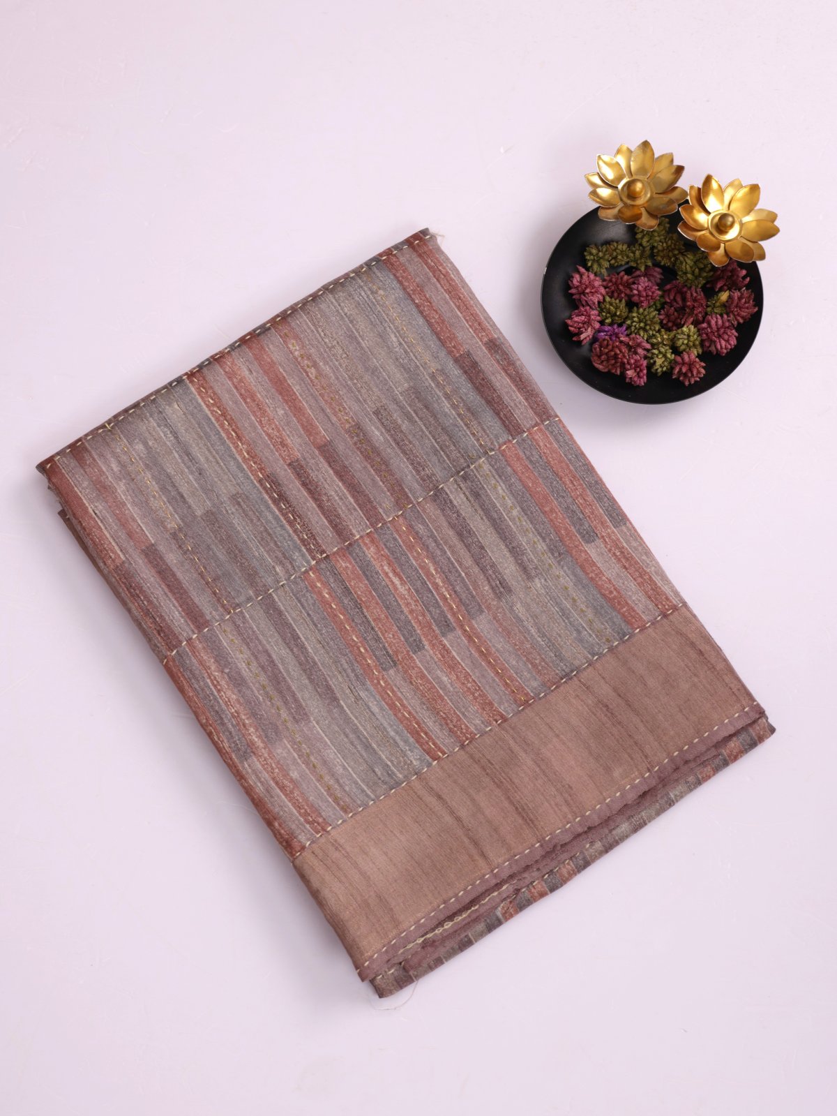 Brown And Grey Striped Printed Tussar Silk Saree With Kantha Embroidery