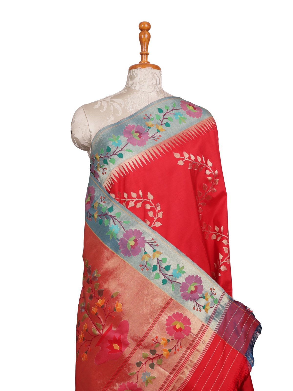 Red Paithani Silk Saree With Peacock Blue Border