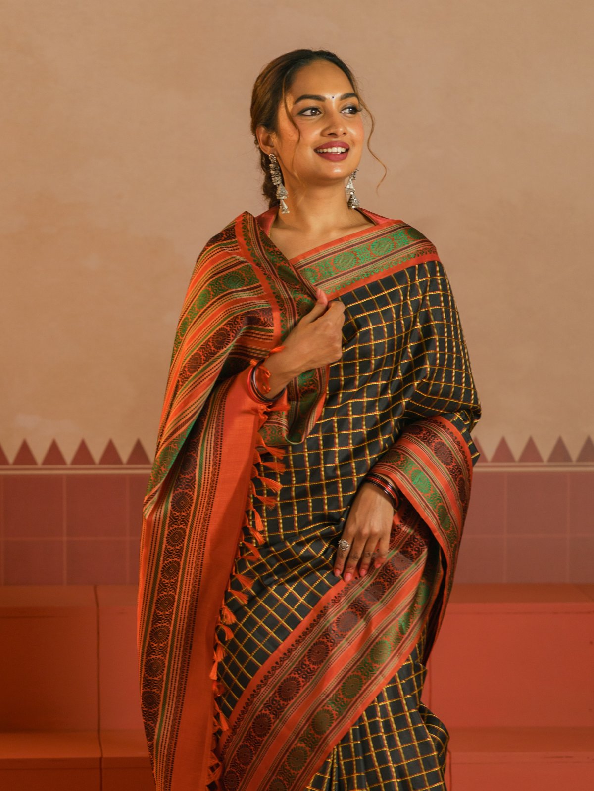 Crafted 21 - Black Kanjeevaram Silk Saree With Rust Pattupettu Border