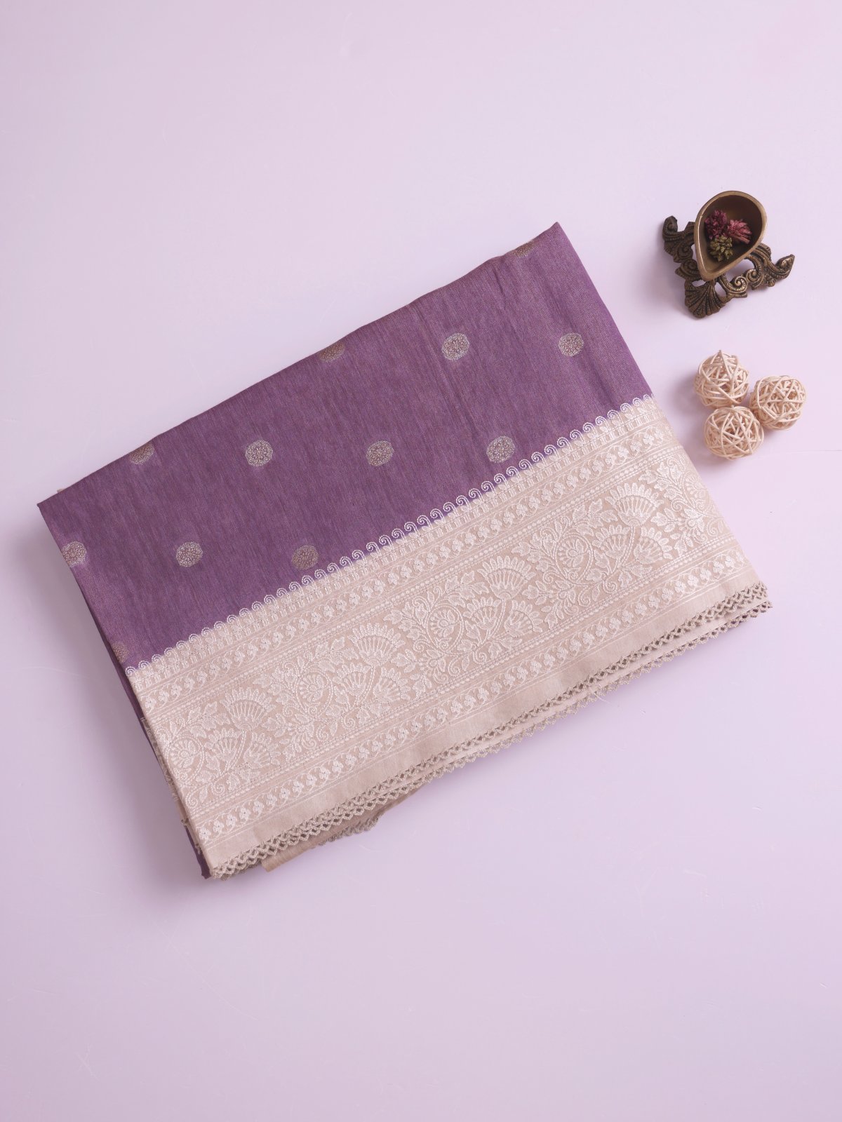 Lavender Tissue Munga Tussar Silk Saree with Beige Border