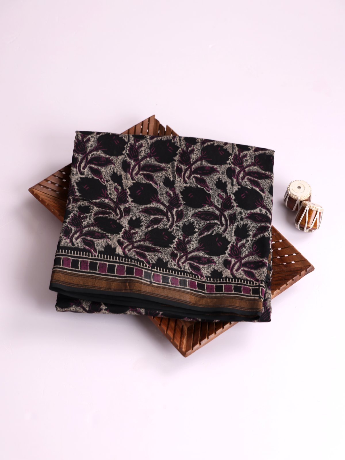 Greige Printed Chanderi Cotton Saree With Black Zari Border