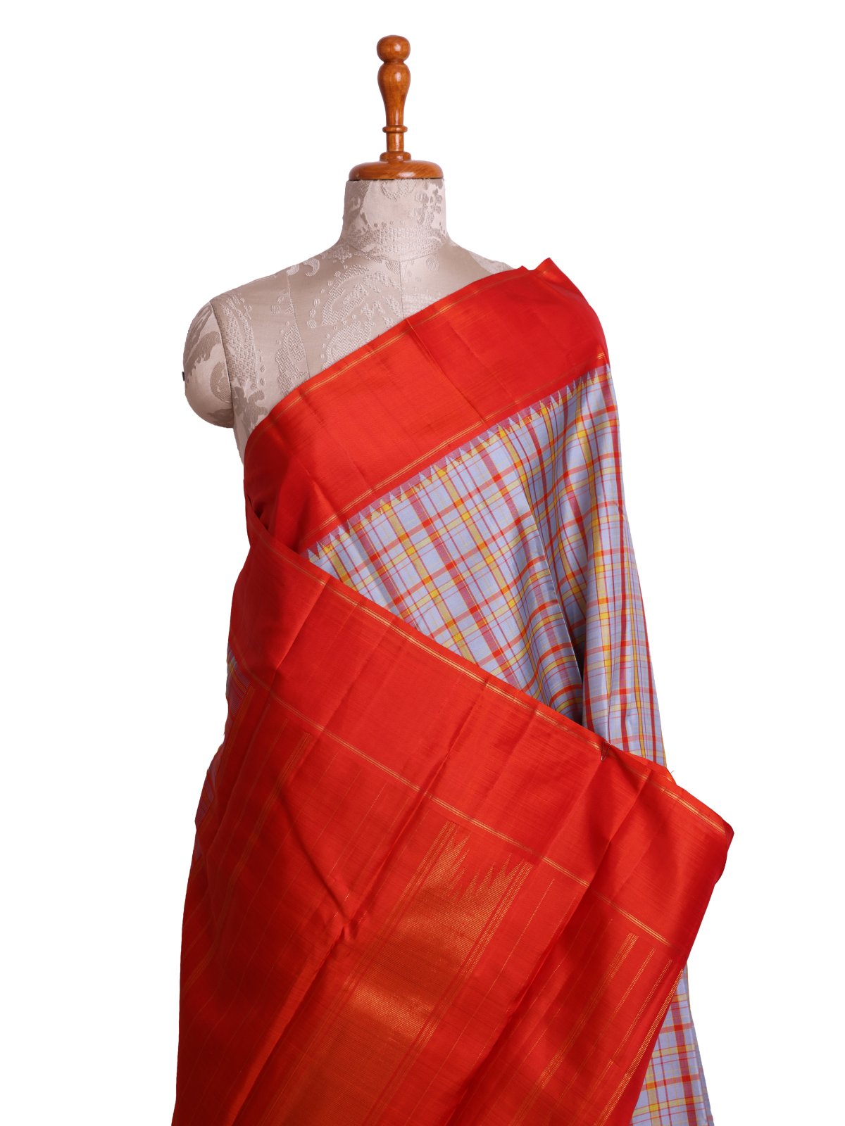 Grey Checked Kanjeevaram Silk Saree with Orange Border