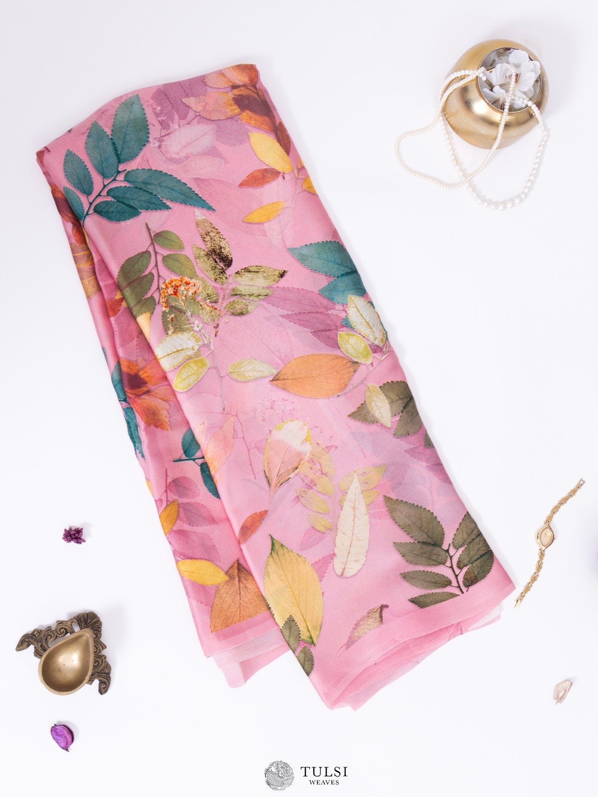 Pink Satin Crepe Silk Saree With Floral Prints