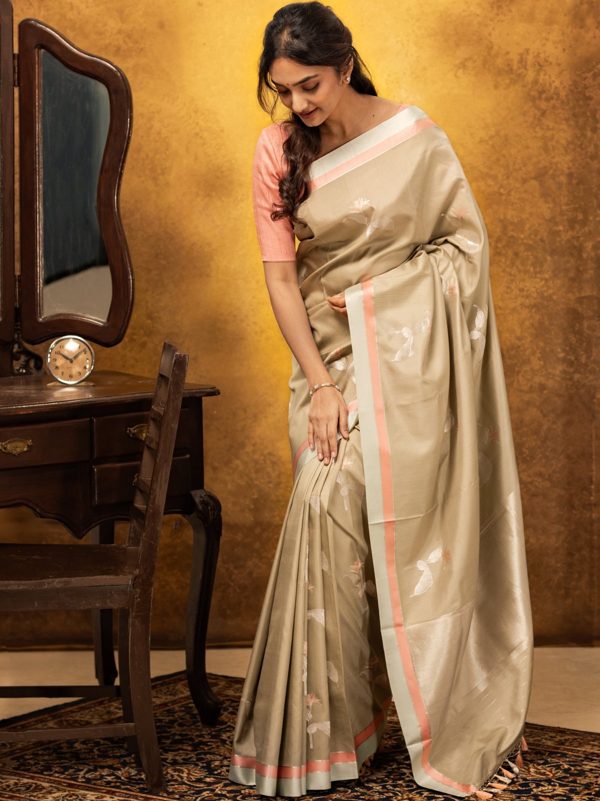 Grey Mashru Silk saree with Striped border