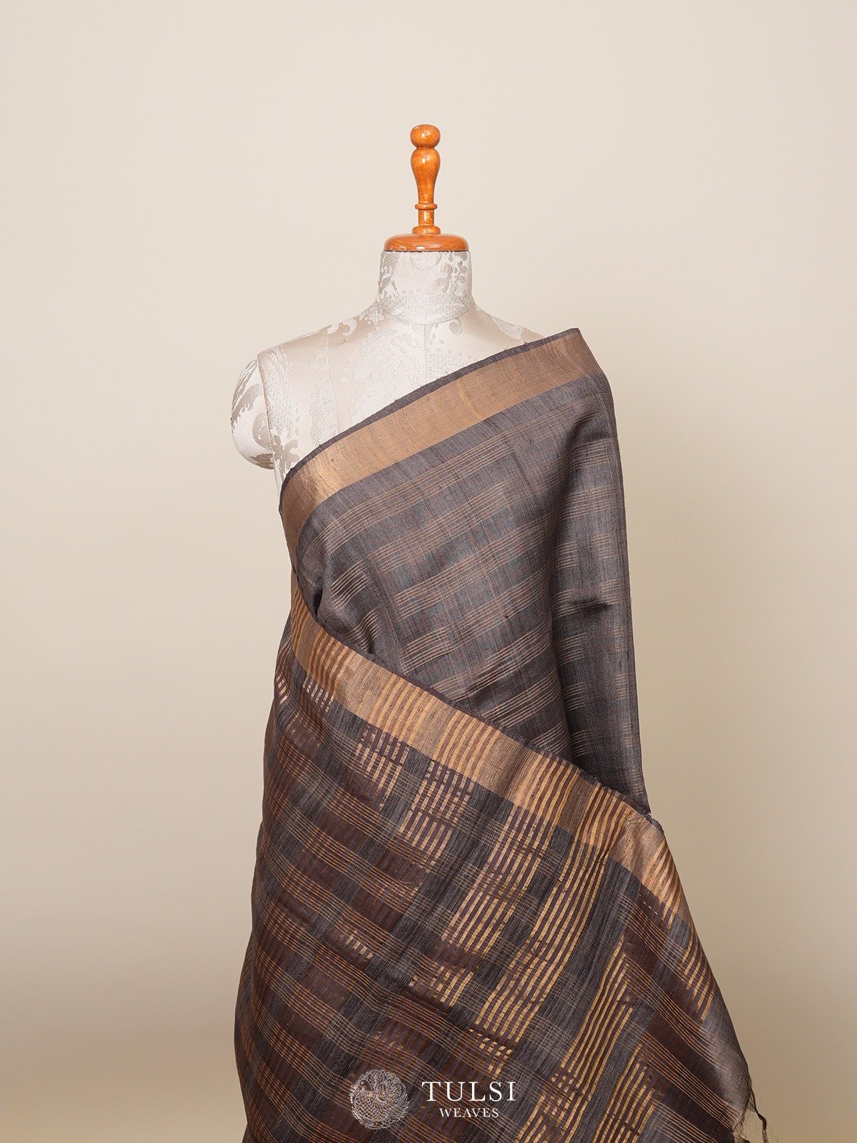 Dark Grey Tussar Silk Saree