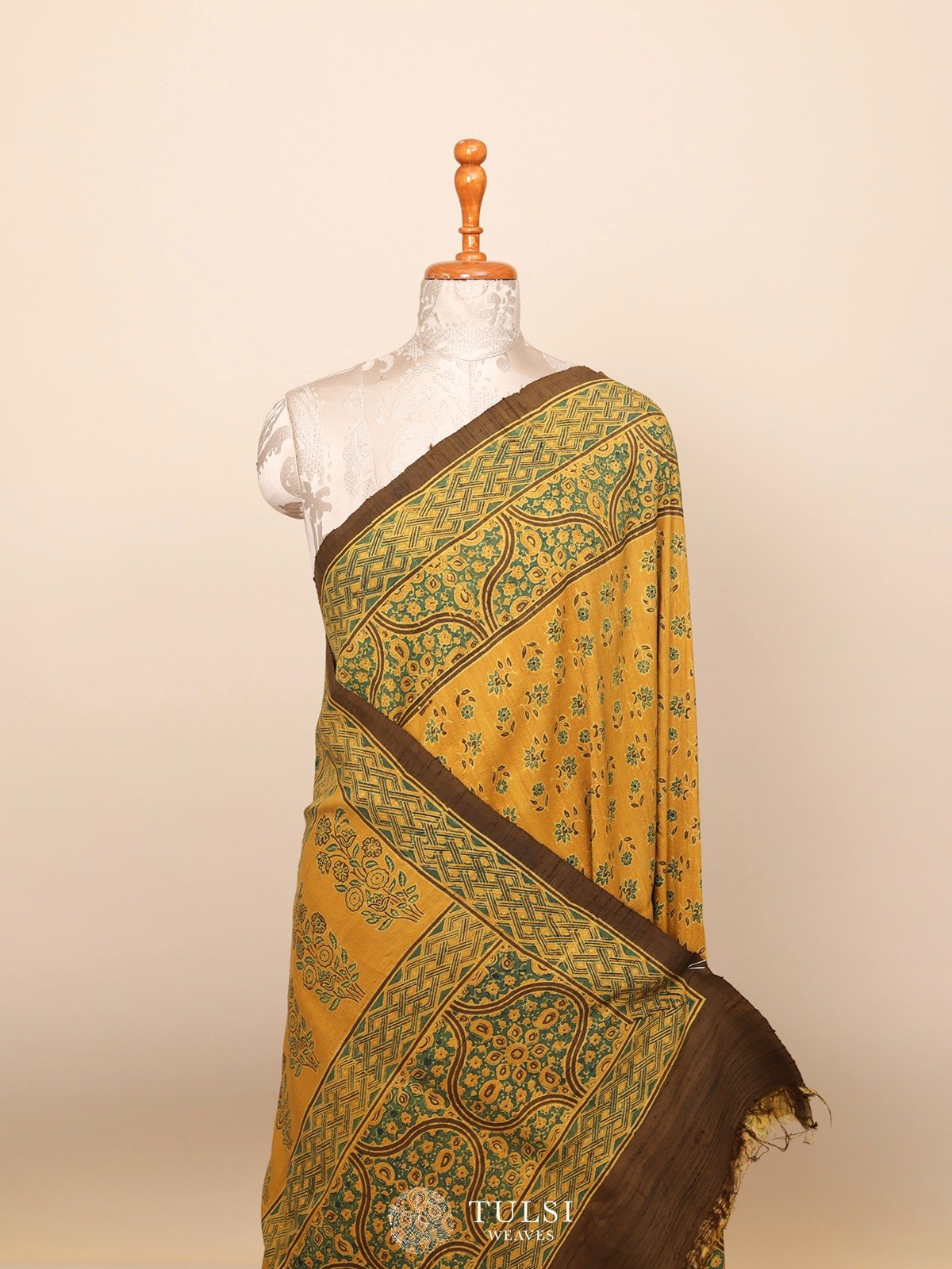 Mustard Ajrakh Raw Silk Saree 