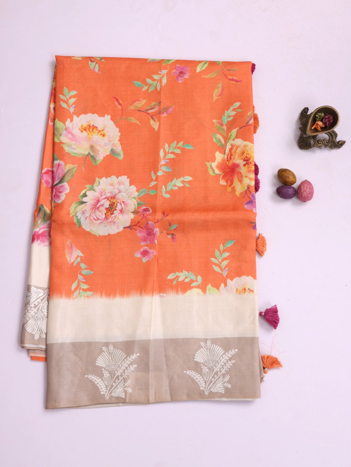 Orange Printed Tussar Silk Saree With Beige Embroidered Border 