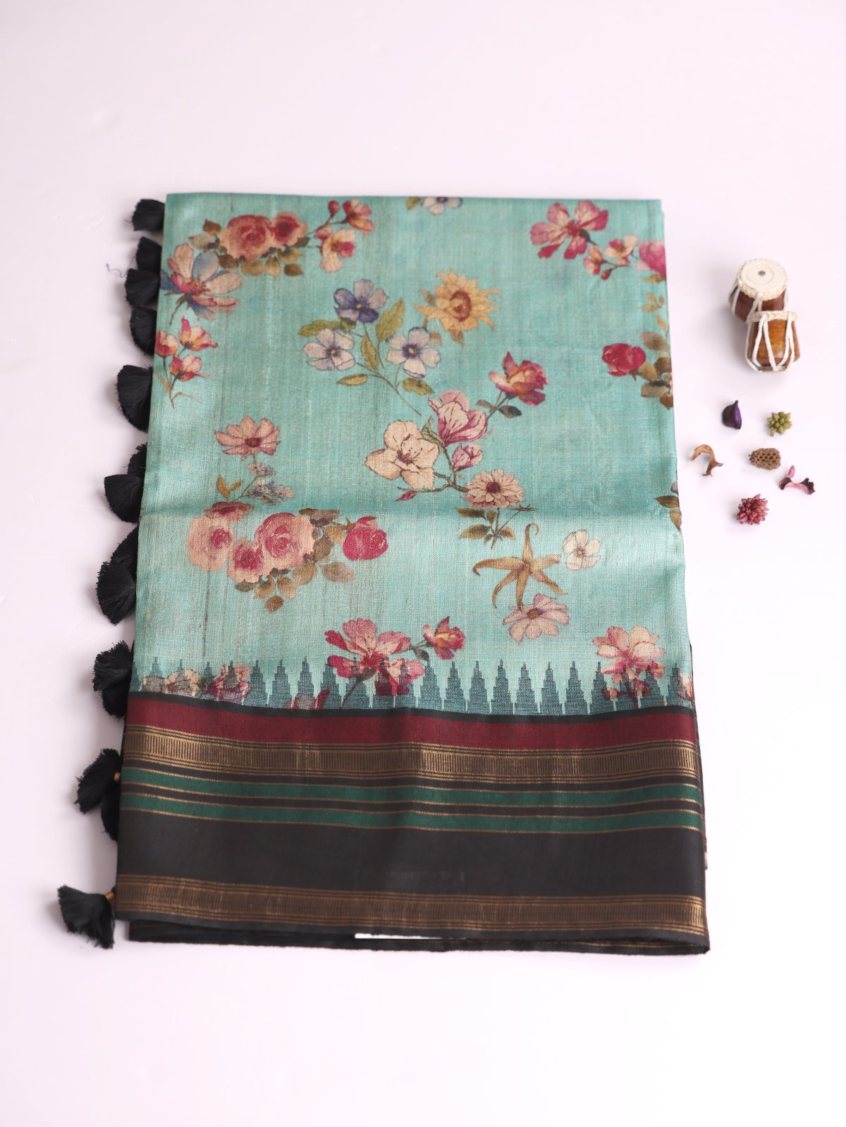 Bluish Green Printed Tussar Silk Saree With Black Border