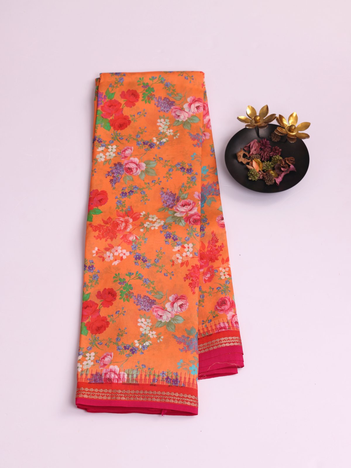 Orange Printed Kanjeevaram Silk Saree With Reddish Orange Border