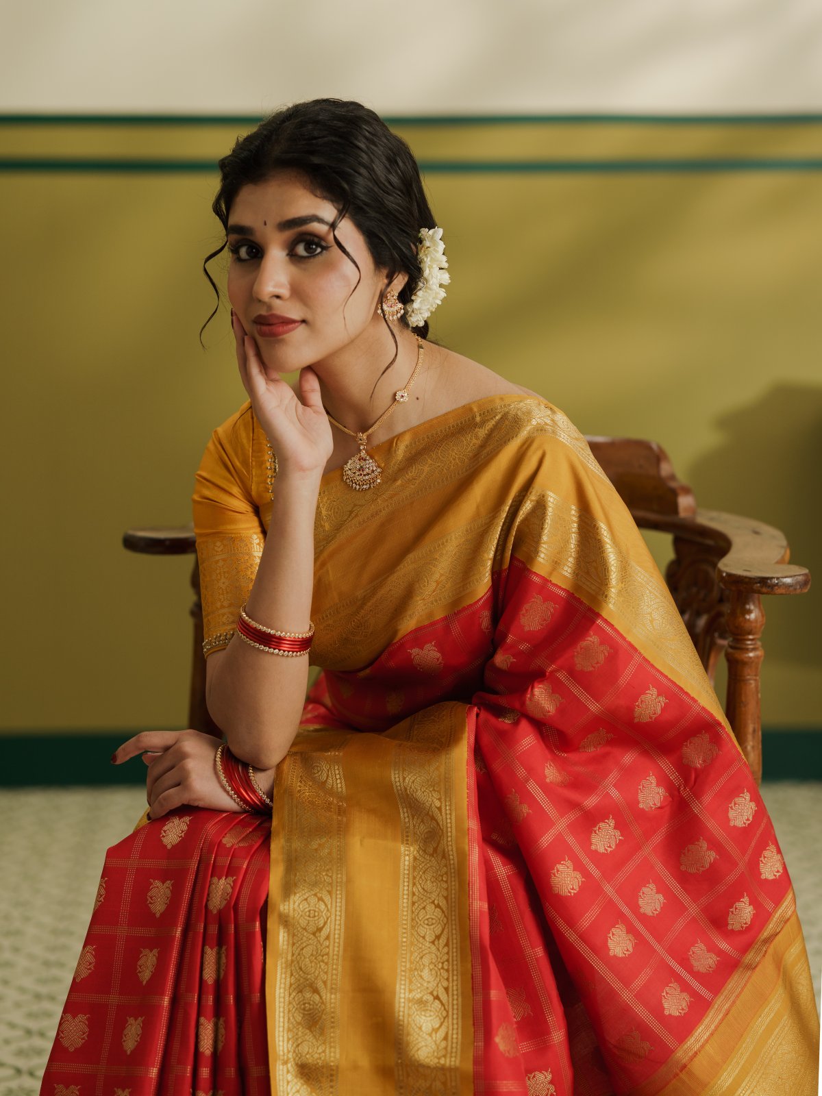 Vintage 33 - Red Checked Kanjeevaram Silk Saree With Mustard Yellow Border