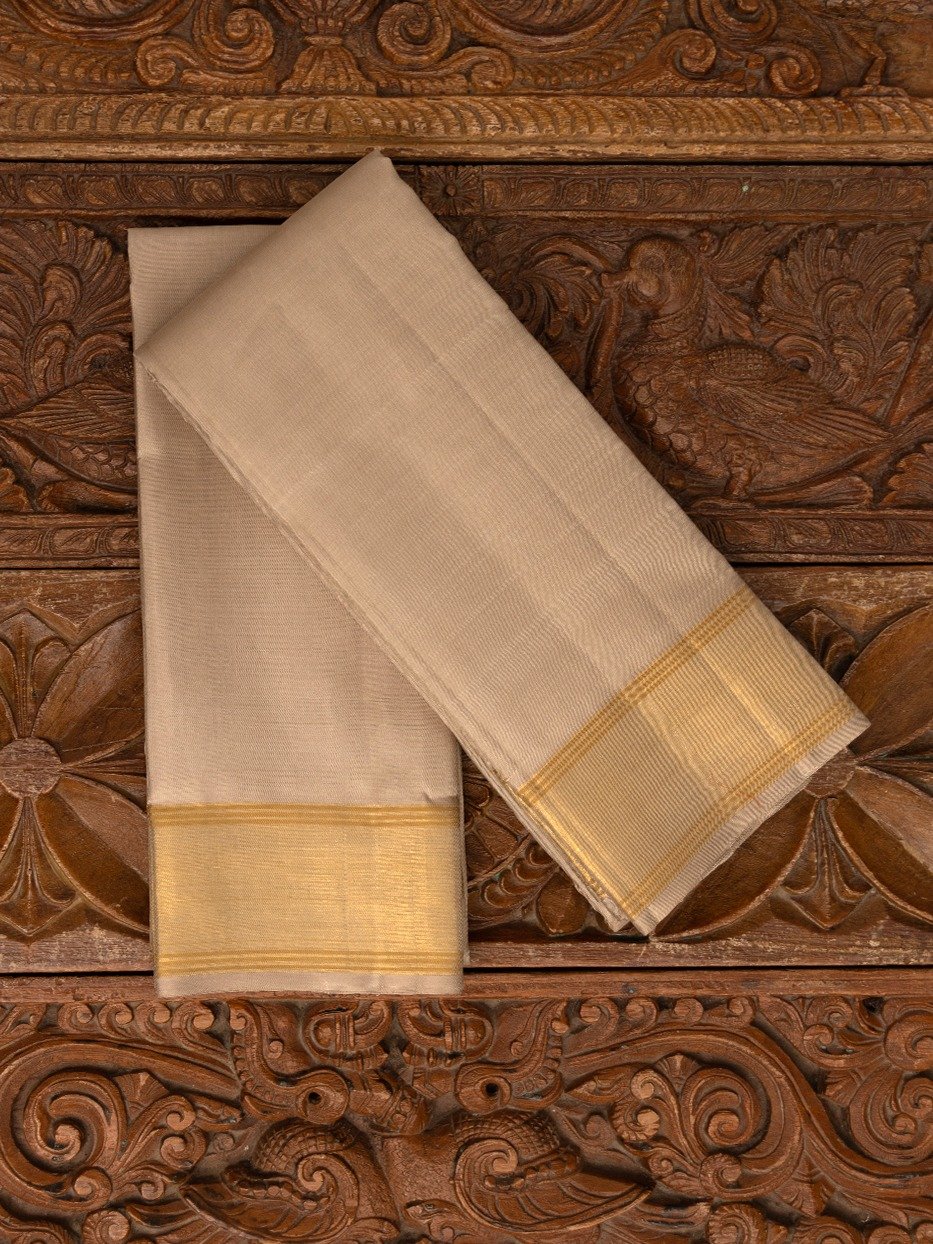 Light Khaki Silk Dhoti and Vasthram With Tissue Gold Self Zari Border