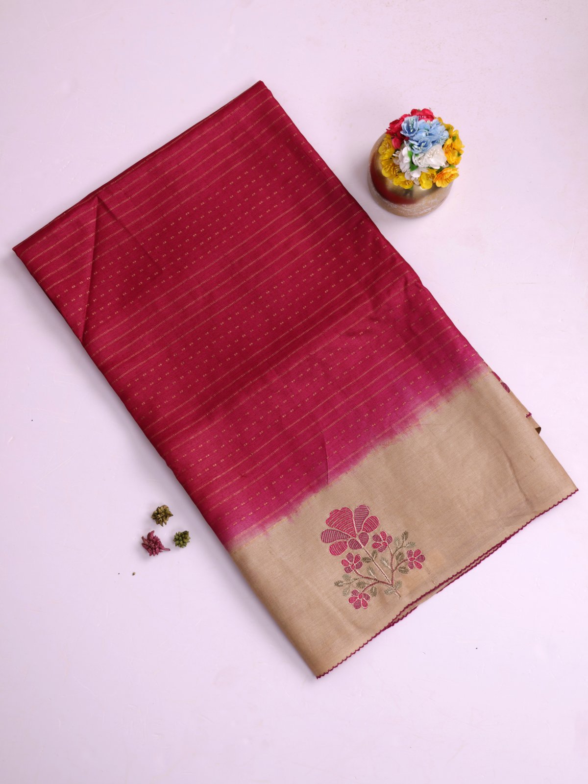 Pink Zari Striped Tussar Silk Saree With Beige Embroidered Border