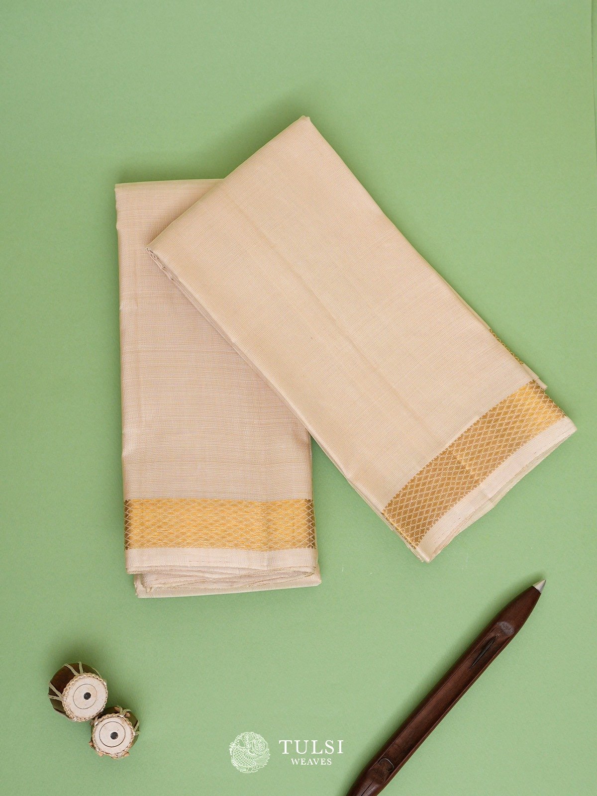 Cream Silk Dhoti and Vasthram With Gold Self Zari Border